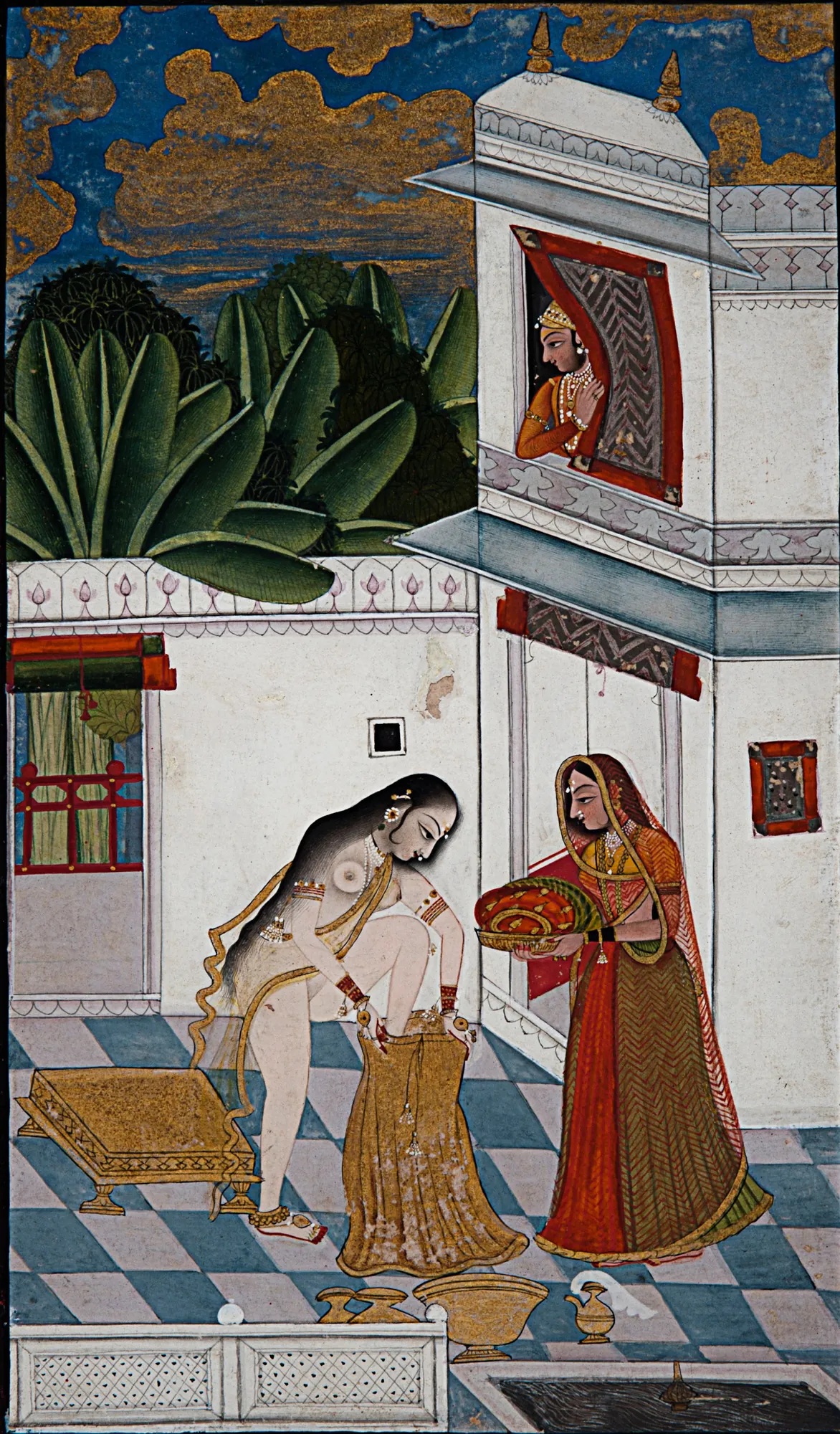 Hero Glimpsing a Bathing Beauty Hero Glimpsing a Bathing Beauty by Unknown Artist. An Indian miniature painting showing a woman being assisted with her clothing after a bath while a man observes from an upper balcony.