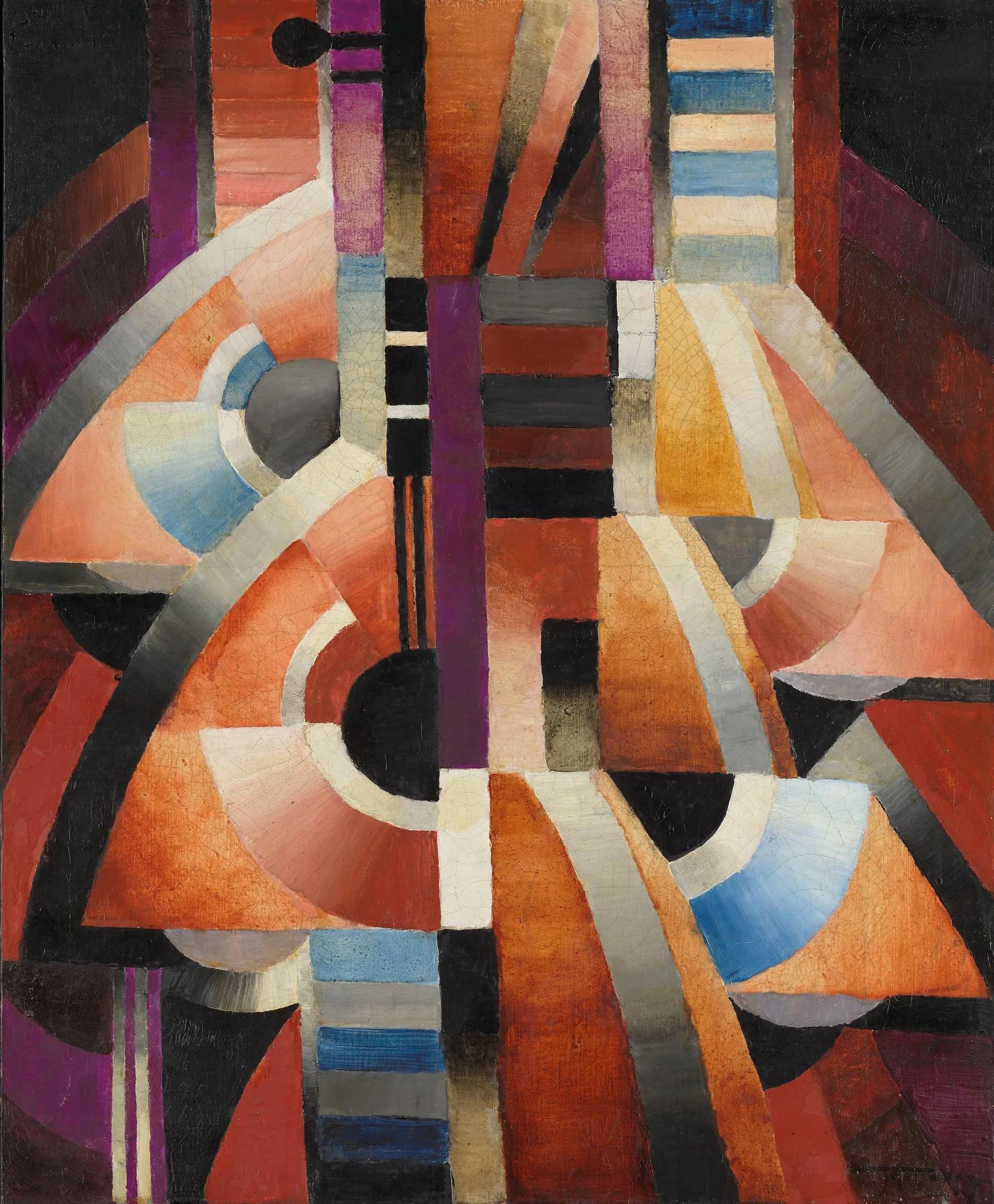 Balalaika Balalaika by Thorvald Hellesen. A bold cubist composition featuring fragmented geometric shapes in warm oranges, purples, and earthy reds, suggesting the form of a stringed instrument.