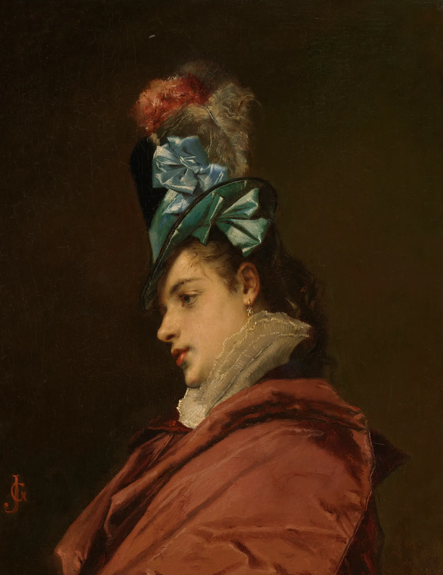 Woman Wearing a Hat with a Blue Ribbon