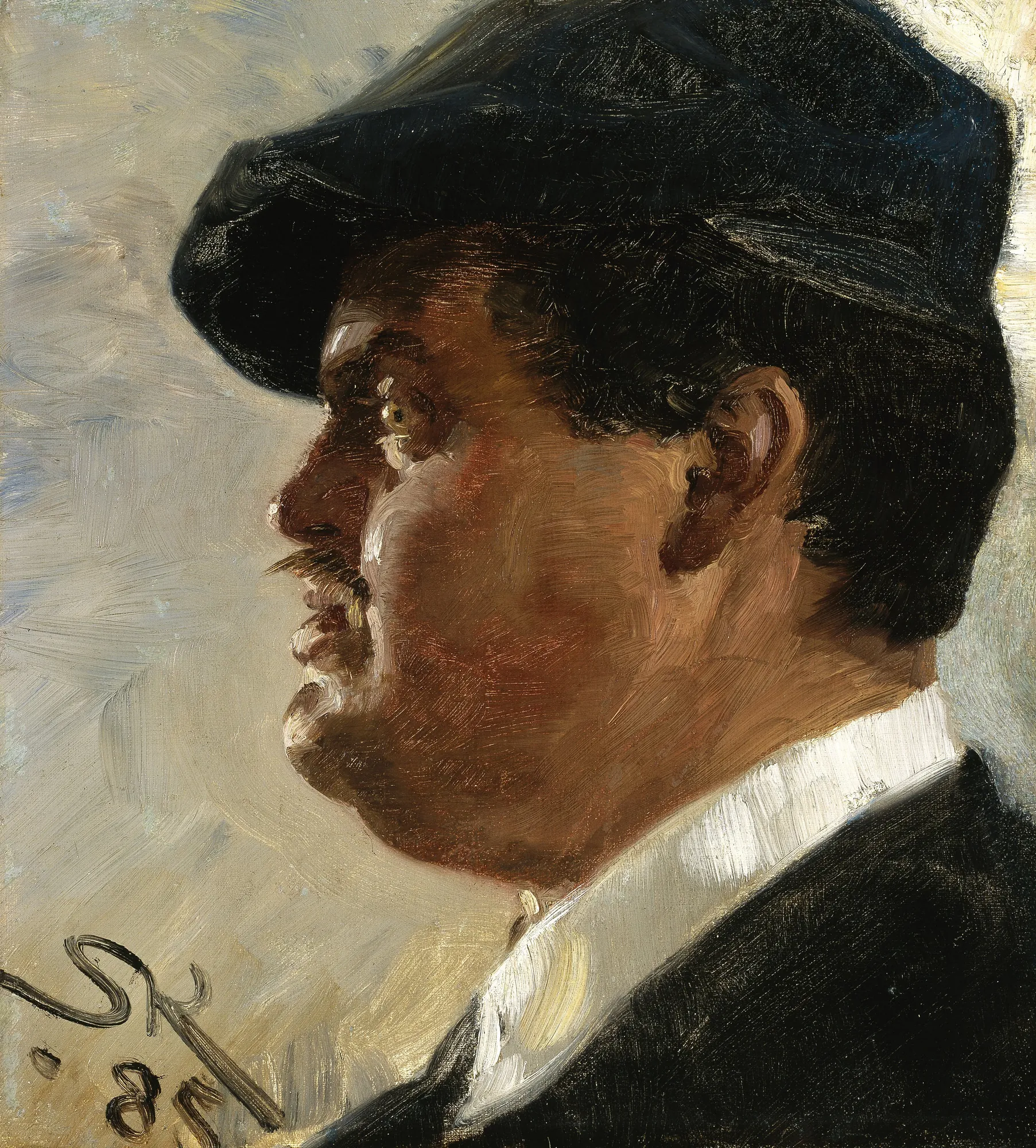 Carl Locher Carl Locher by Peder Severin Krøyer. A profile oil portrait of a man with a mustache, wearing a dark blue cap and a white-collared shirt against a grey-blue background.