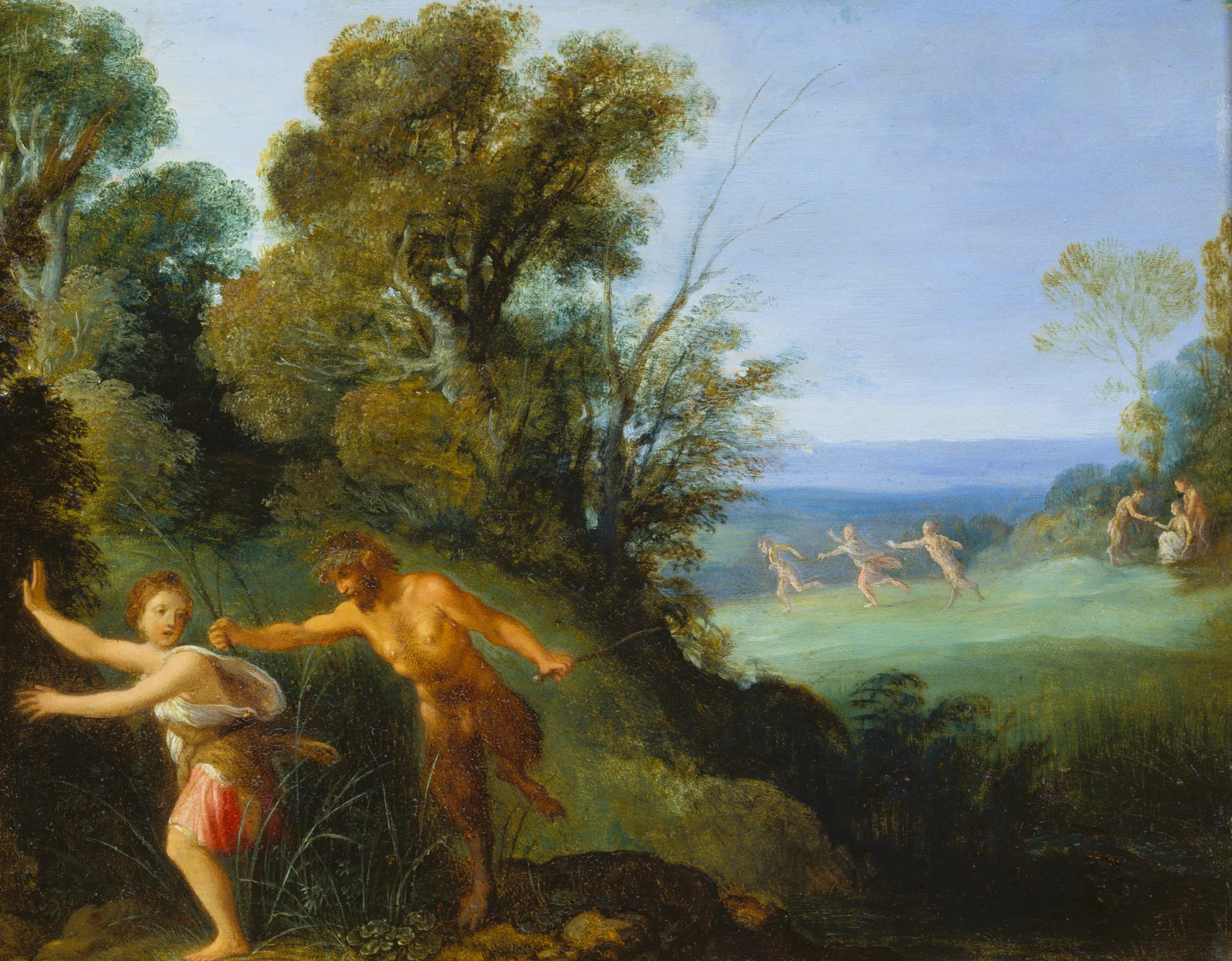 Pan and Syrinx Pan and Syrinx by Adam Elsheimer. The mythological god Pan, a satyr, pursues the nymph Syrinx through a dark, leafy forest toward a sunlit meadow.