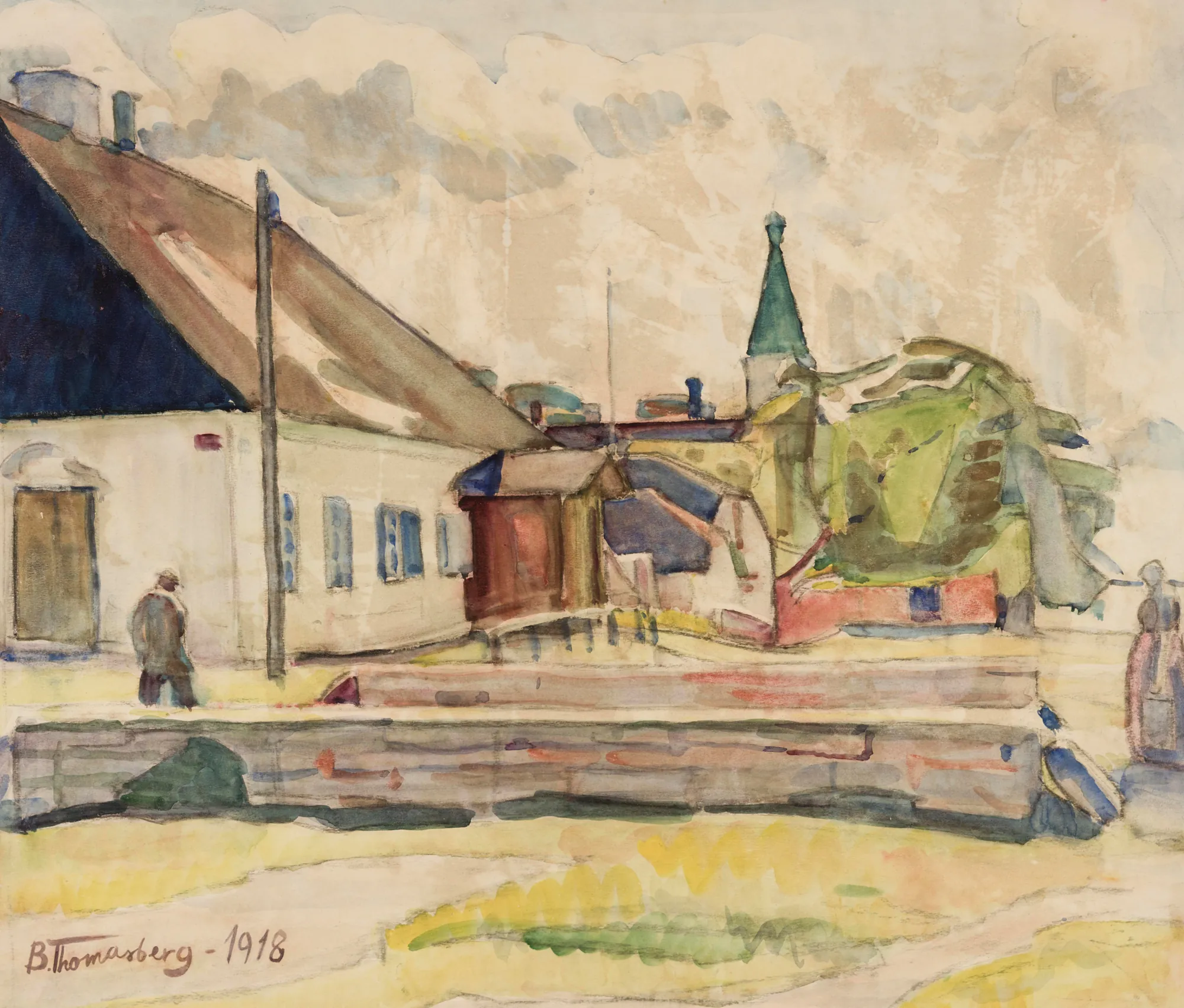 View of Paldiski View of Paldiski by Balder Tomasberg. A watercolor townscape featuring buildings with steeply pitched roofs, a distant church spire, and small figures in an open square.