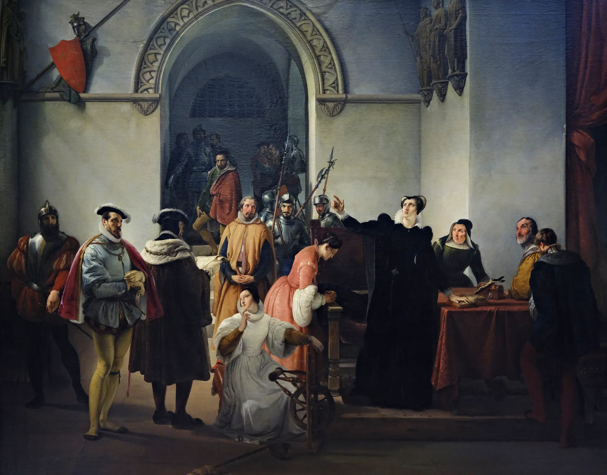 Mary Stuart Protesting Her Innocence Mary Stuart Protesting Her Innocence by Francesco Hayez. Mary, Queen of Scots, stands in a black gown, pointing one hand toward heaven as she protests her innocence before a gathered group of officials and attendants in a stone chamber.