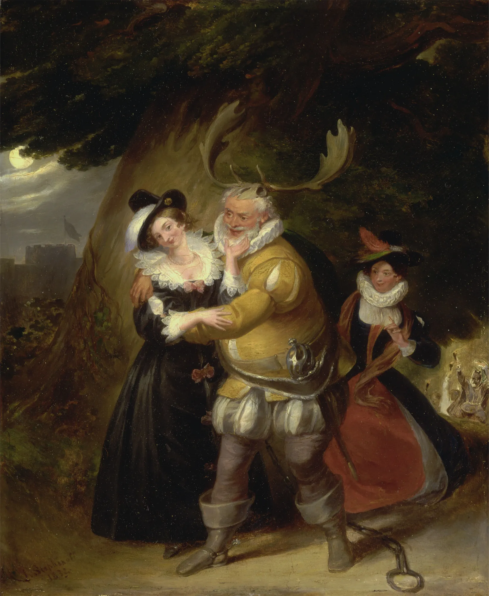 Falstaff at Herne's Oak Falstaff at Herne's Oak by James Stephanoff. A theatrical scene featuring Falstaff wearing antlers, flanked by two women in Elizabethan dress under a moonlit oak tree.