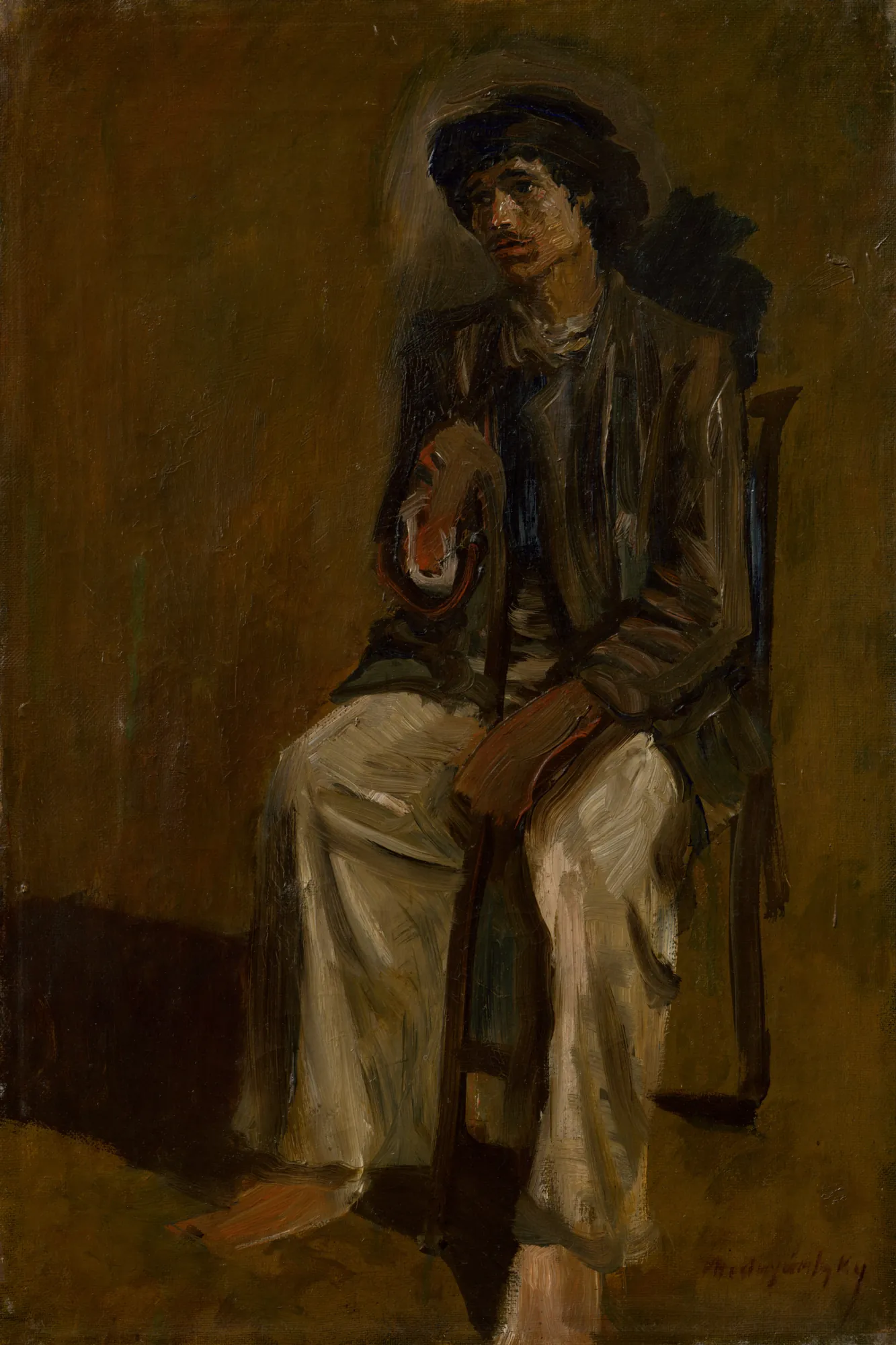 Seated Gypsy with a Staff Seated Gypsy with a Staff by László Mednyánszky. A man in a dark jacket and wide white trousers sits on a wooden chair, holding a walking staff and looking off to the side.