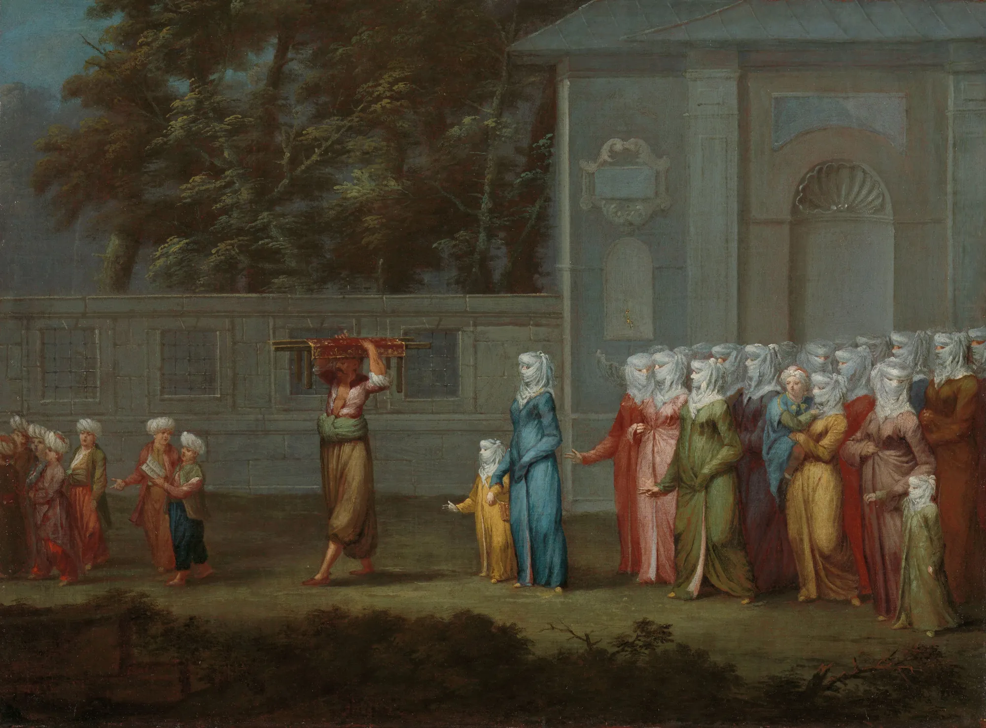 The First Day of School The First Day of School by Jean Baptiste Vanmour. A group of women in traditional Ottoman veils and colorful gowns walk alongside children, while a man in the center carries a red-covered stand on his head.