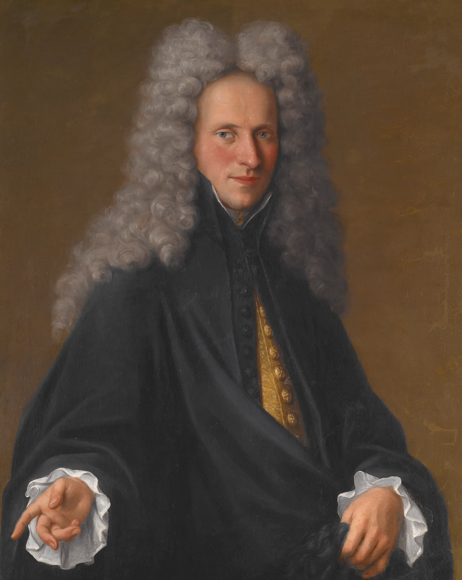 Portrait of a Nobleman Portrait of a Nobleman by Pietro Longhi. A three-quarter length portrait of a man wearing an elaborate grey powdered wig and a dark voluminous cloak over a gold waistcoat.