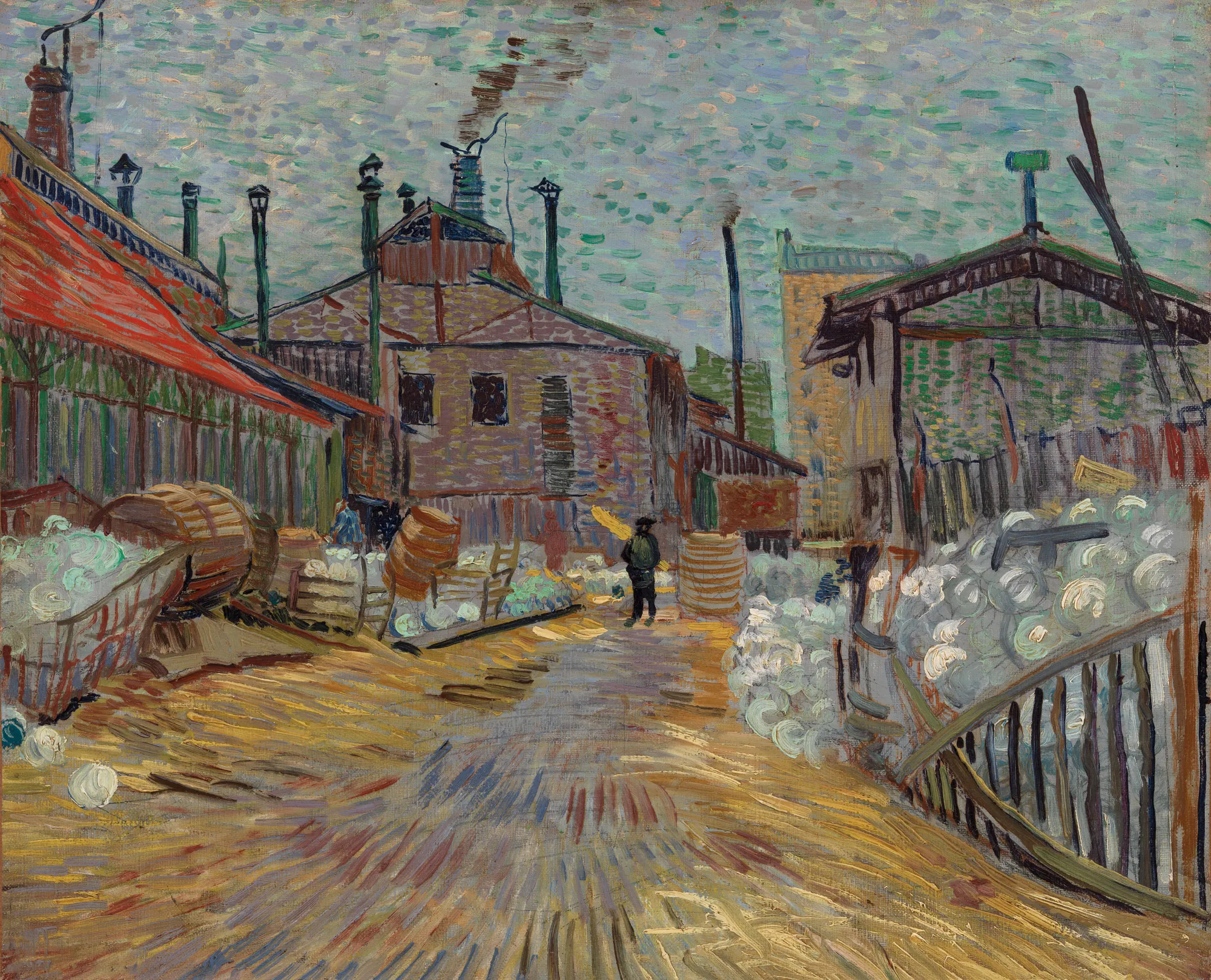 The Factory at Asnières The Factory at Asnières by Vincent van Gogh. An industrial scene featuring wooden and brick factory buildings with smoking chimneys and stacked barrels under a dappled, pointillist sky.