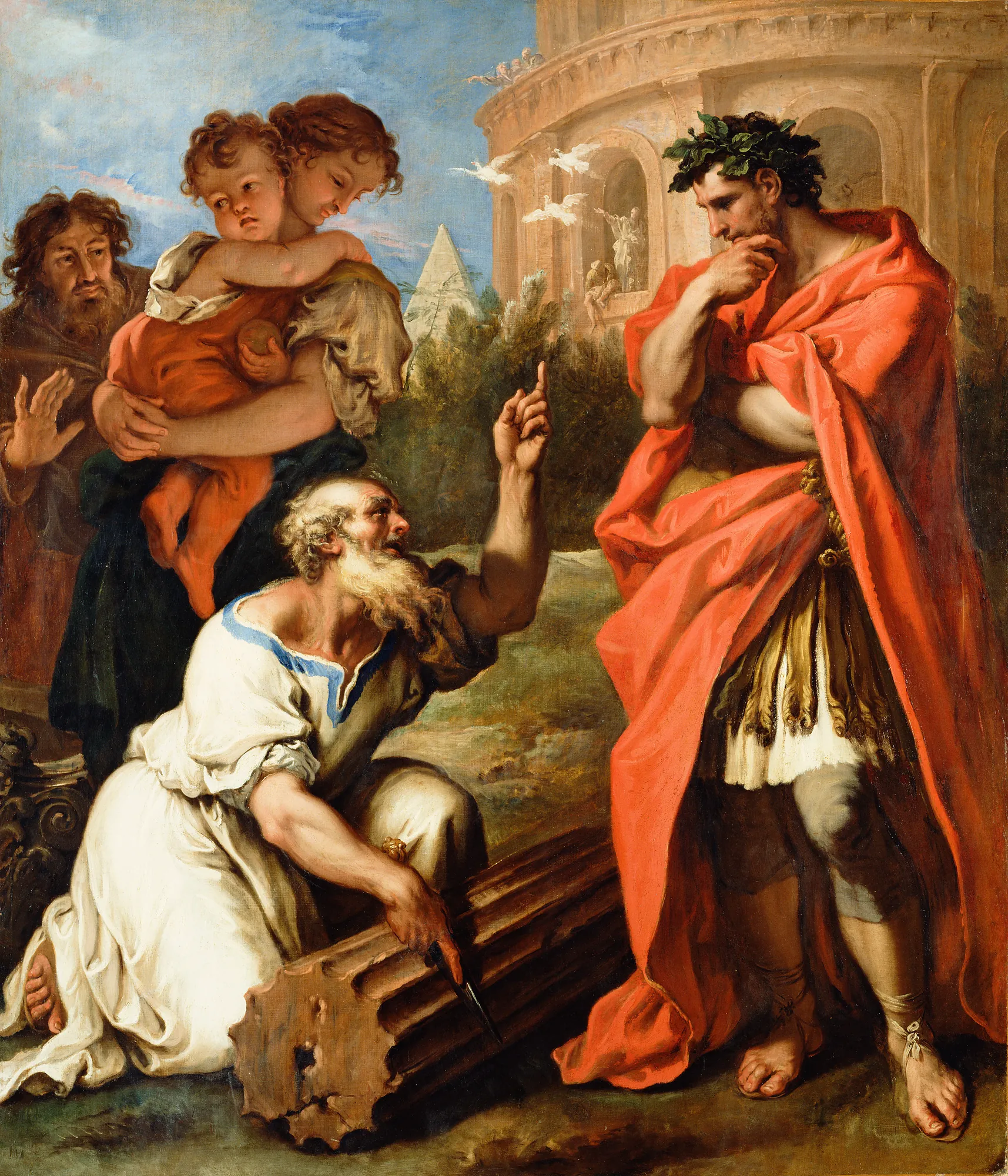 Tarquin the Elder Consulting Attius Navius Tarquin the Elder Consulting Attius Navius by Sebastiano Ricci. A dramatic classical scene depicting an elderly man kneeling with a whetstone, gesturing toward a standing man in a vibrant red cloak and laurel wreath.