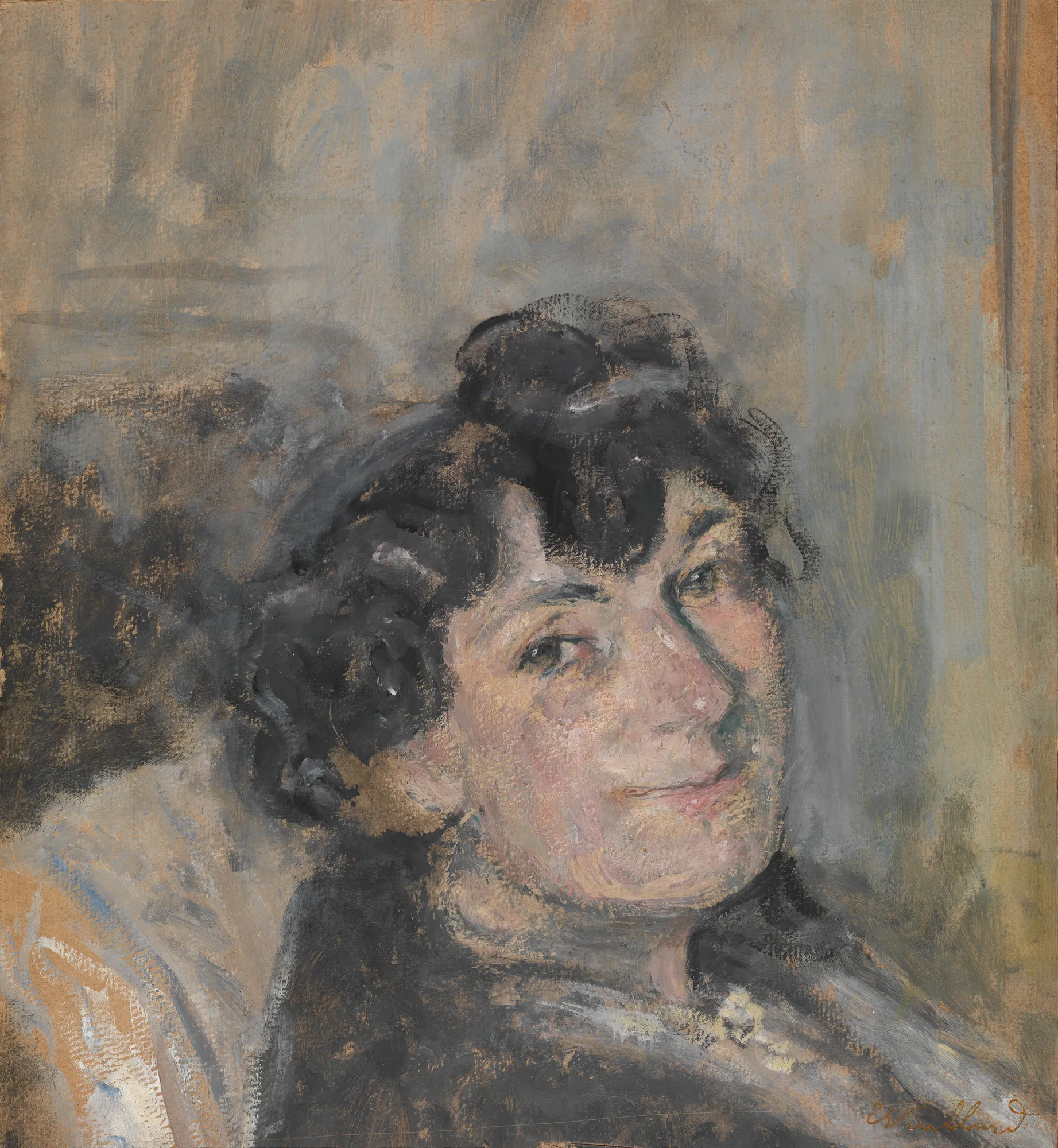 Lucy Hessel Lucy Hessel by Édouard Vuillard. A painterly portrait of a woman with dark hair and a slight smile, rendered in soft, textured brushstrokes against a muted grey background.