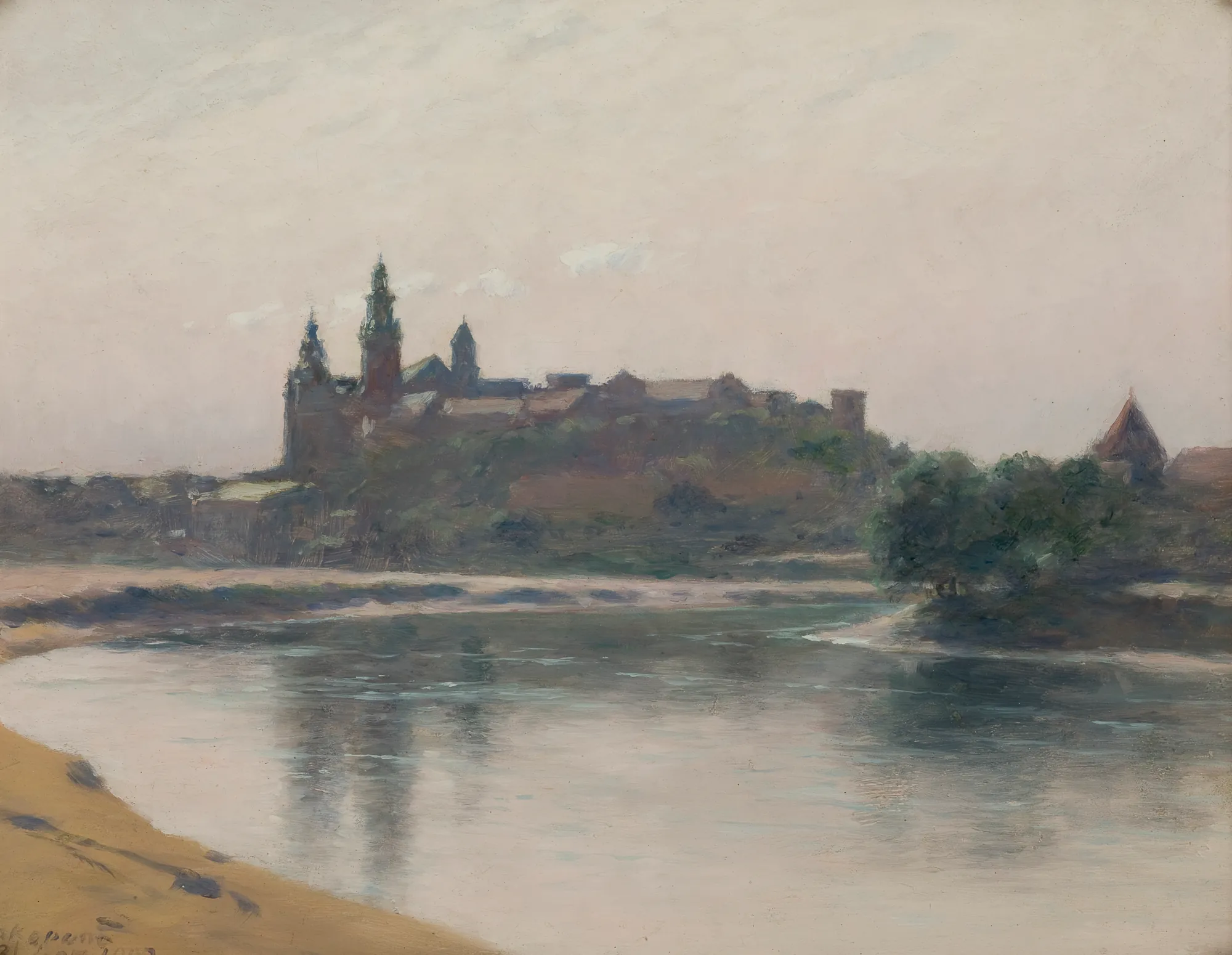 Wawel from the Vistula Side Wawel from the Vistula Side by Stanisław Witkiewicz. An atmospheric oil painting of Wawel Castle in Kraków seen from across the Vistula River under a hazy, overcast sky.