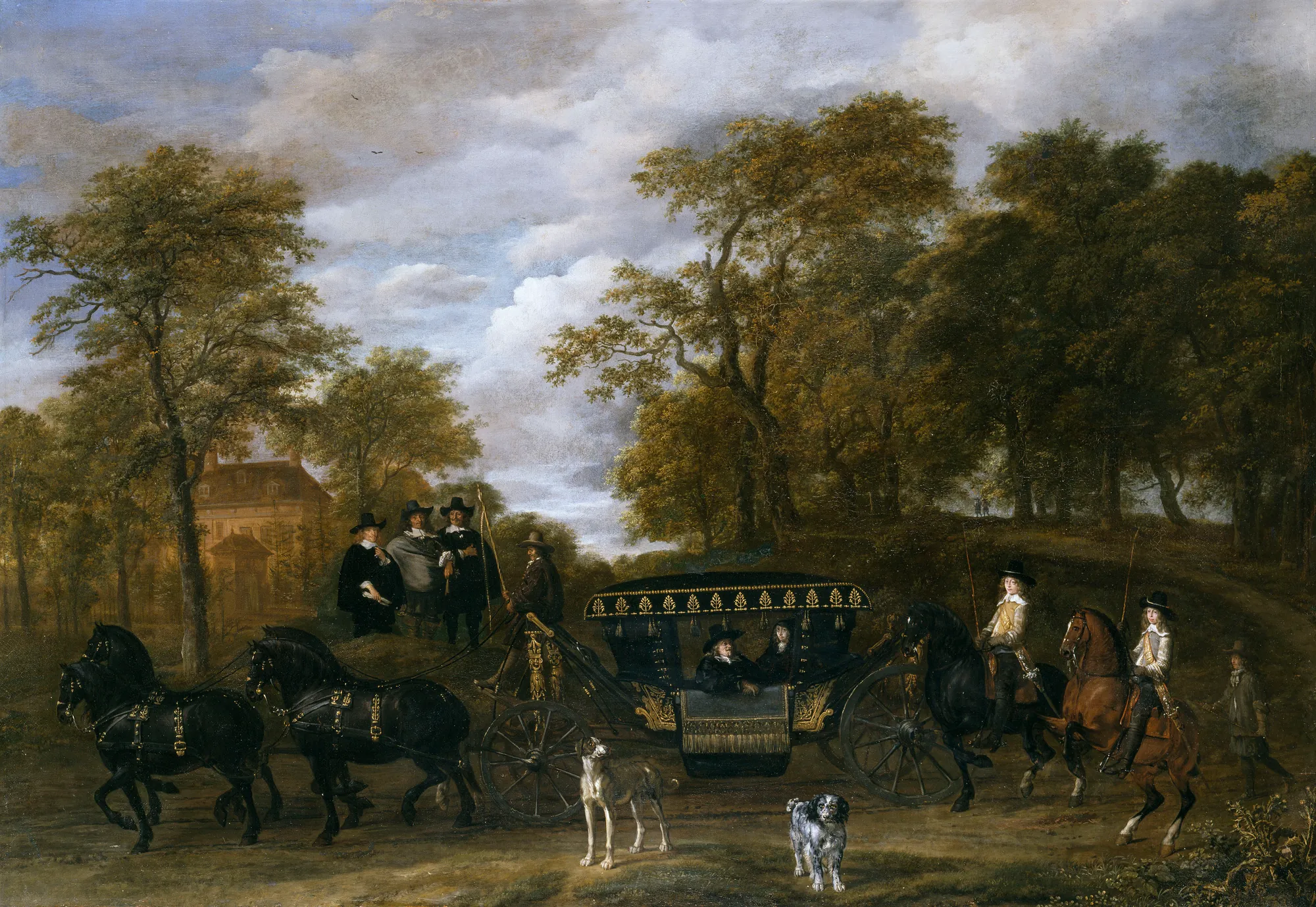 Cornelis de Graeff with his Wife and Sons Cornelis de Graeff with his Wife and Sons by Jacob van Ruisdael. A detailed seventeenth-century Dutch landscape featuring a horse-drawn carriage arriving at a country estate, accompanied by figures on horseback and dogs.