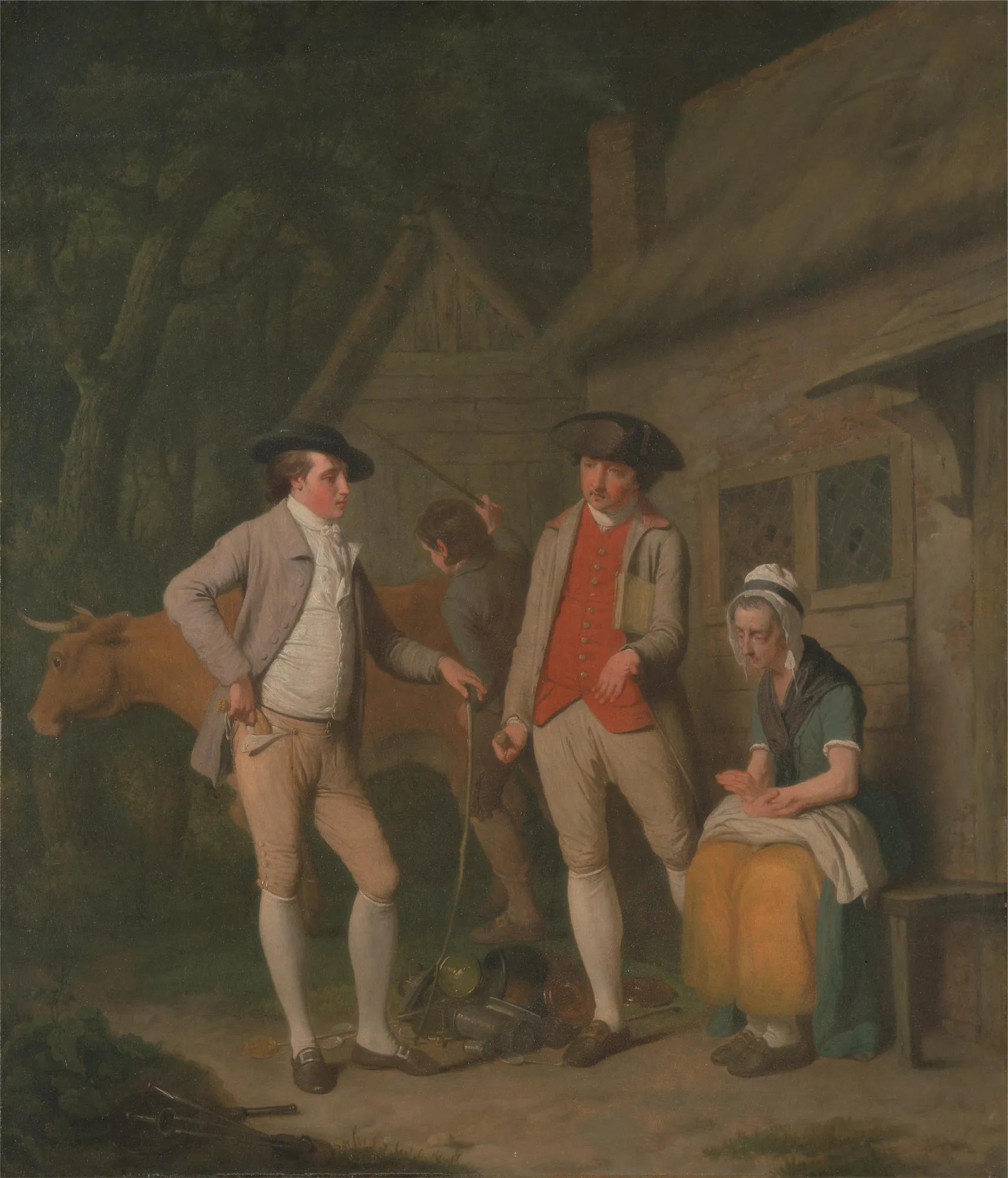 Widow Costard's Cow and Goods Redeemed Widow Costard's Cow and Goods Redeemed by Edward Penny. An 18th-century narrative painting of a group of people outside a thatched cottage with a cow and scattered household goods.