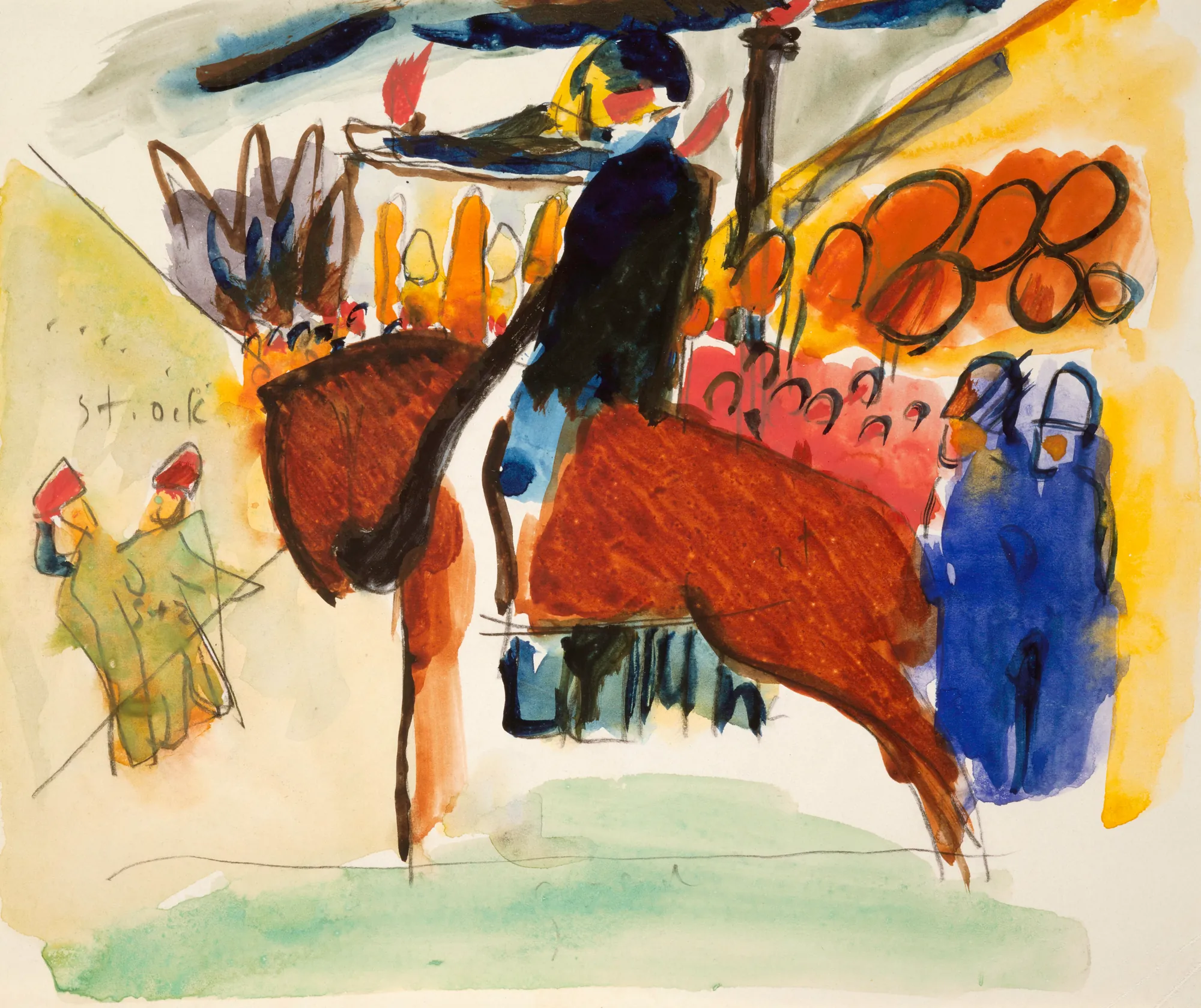 Study for Impression IV (Policeman) Study for Impression IV (Policeman) by Wassily Kandinsky. An abstract watercolor study depicting a mounted figure on horseback rendered with energetic swaths of primary color and bold ink outlines.