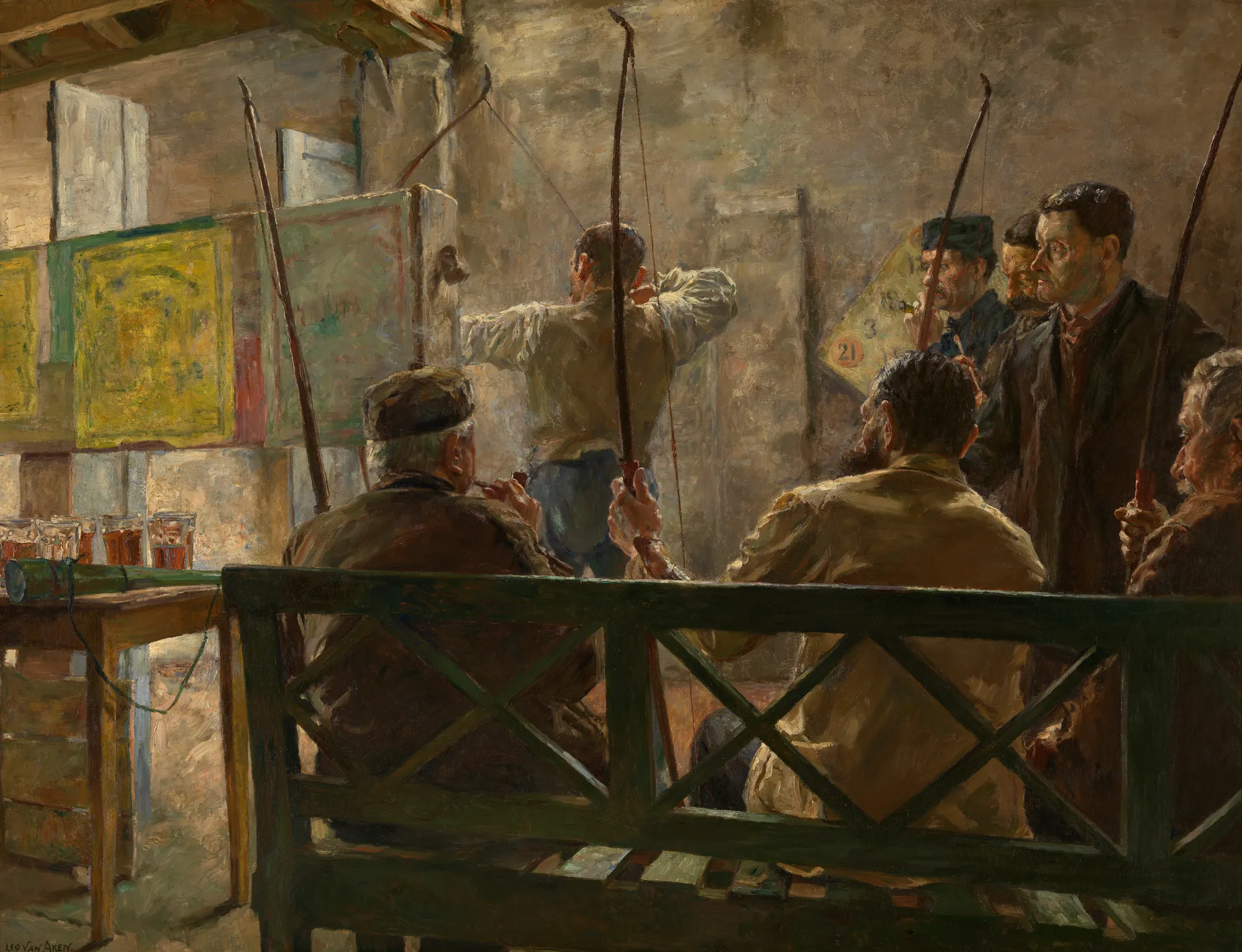 The Archers The Archers by Leo Van Aken. A group of men with longbows gather in a dimly lit indoor space, with one archer aiming at a target in the background.
