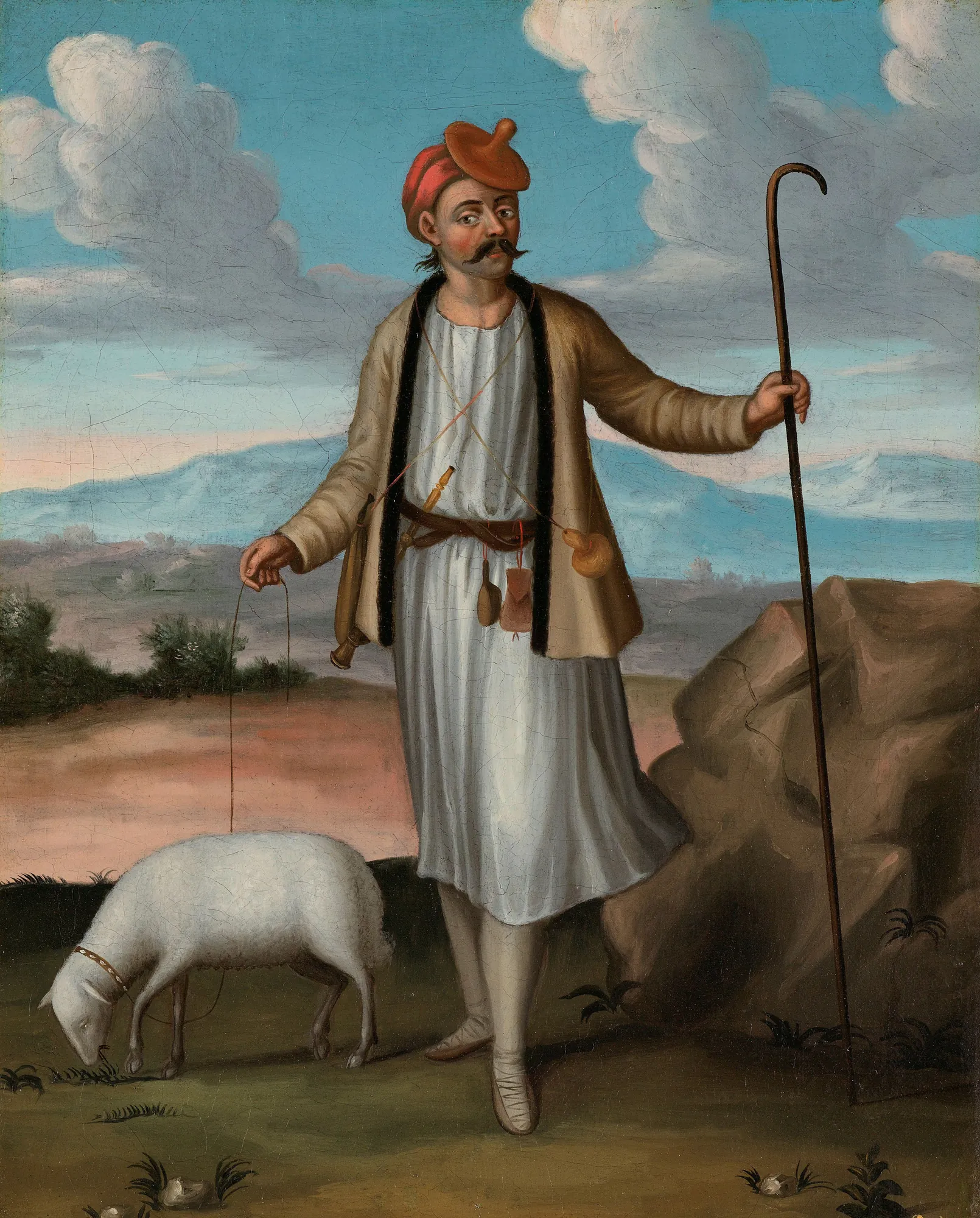 Albanian Herdsman Albanian Herdsman by Jean Baptiste Vanmour. An 18th-century portrait of a man in traditional Albanian dress standing with a staff and a grazing sheep in an expansive landscape.