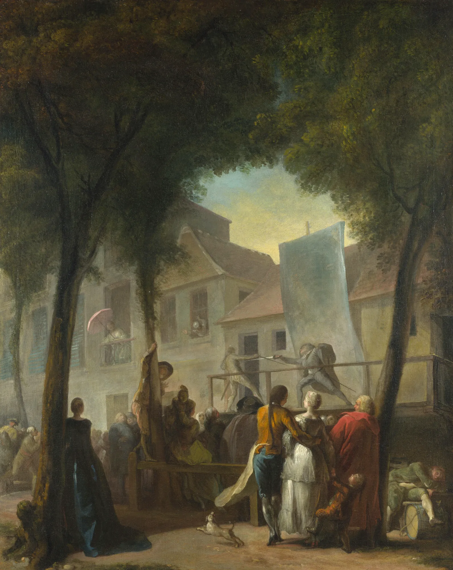 A Street Show in Paris A Street Show in Paris by Gabriel de Saint-Aubin. A large crowd gathers in a Parisian street or courtyard, framed by tall, dark trees, to watch a theatrical fencing match on a raised wooden stage.