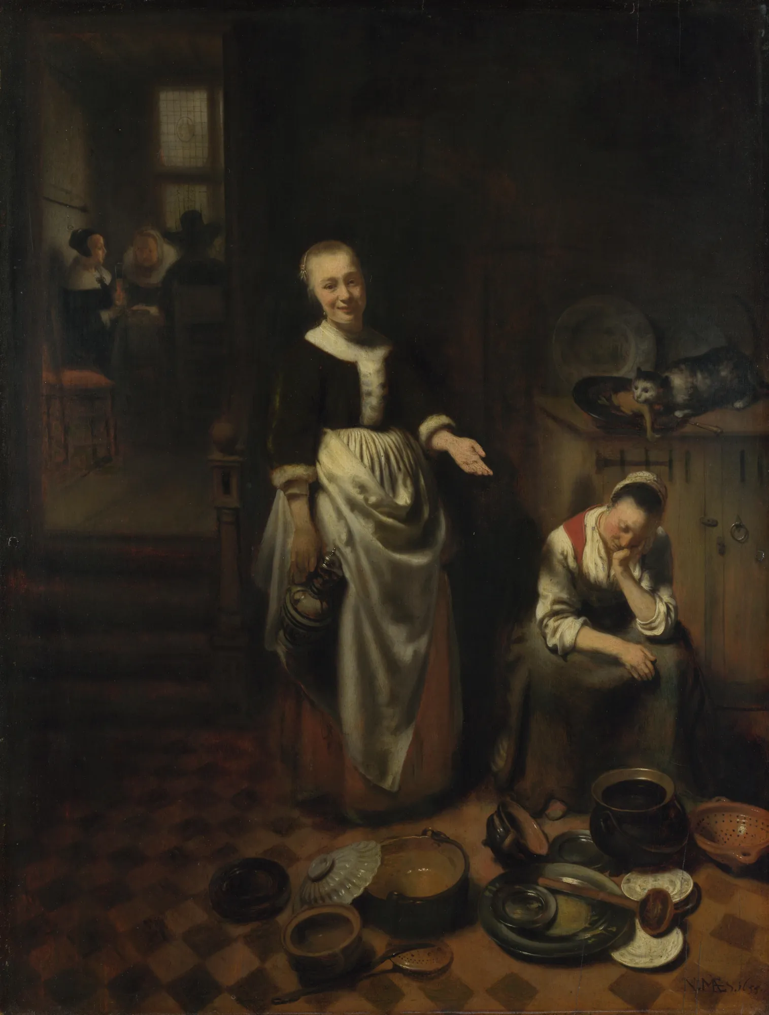 The Idle Servant The Idle Servant by Nicolaes Maes. A domestic kitchen scene where a standing woman gestures towards a sleeping servant seated next to unwashed dishes, while a cat steals a bird in the background.