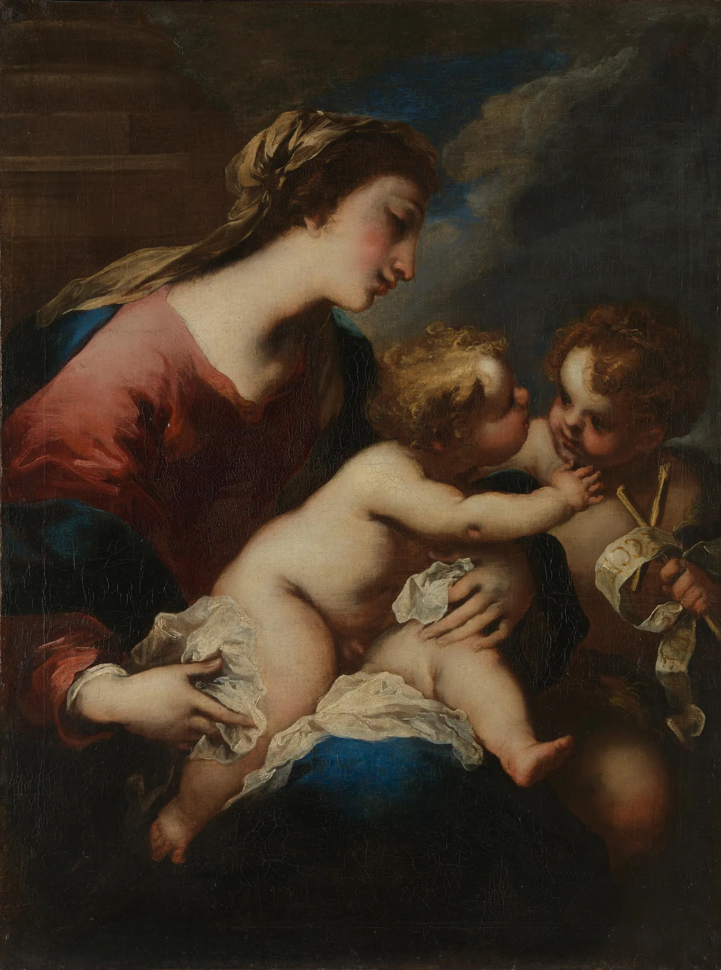 The Virgin and Child with Saint John the Baptist The Virgin and Child with Saint John the Baptist by Valerio Castello. A painting of the Virgin Mary holding the infant Jesus, who interacts with a young Saint John the Baptist against a dark, atmospheric background.