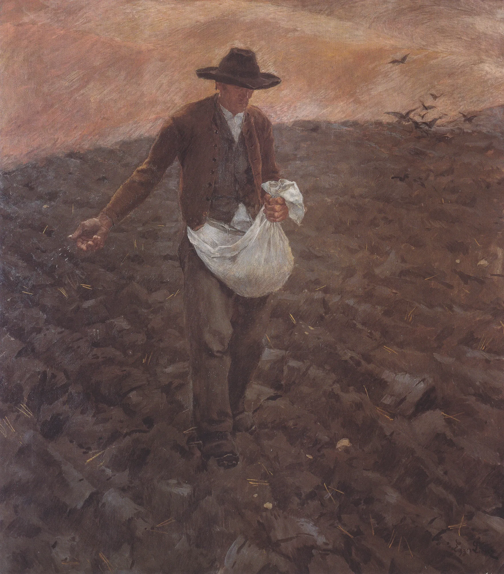 The Sower The Sower by Albin Egger-Lienz. A farmer in a wide-brimmed hat walks through a plowed field, casting seed from a white bag slung over his torso.