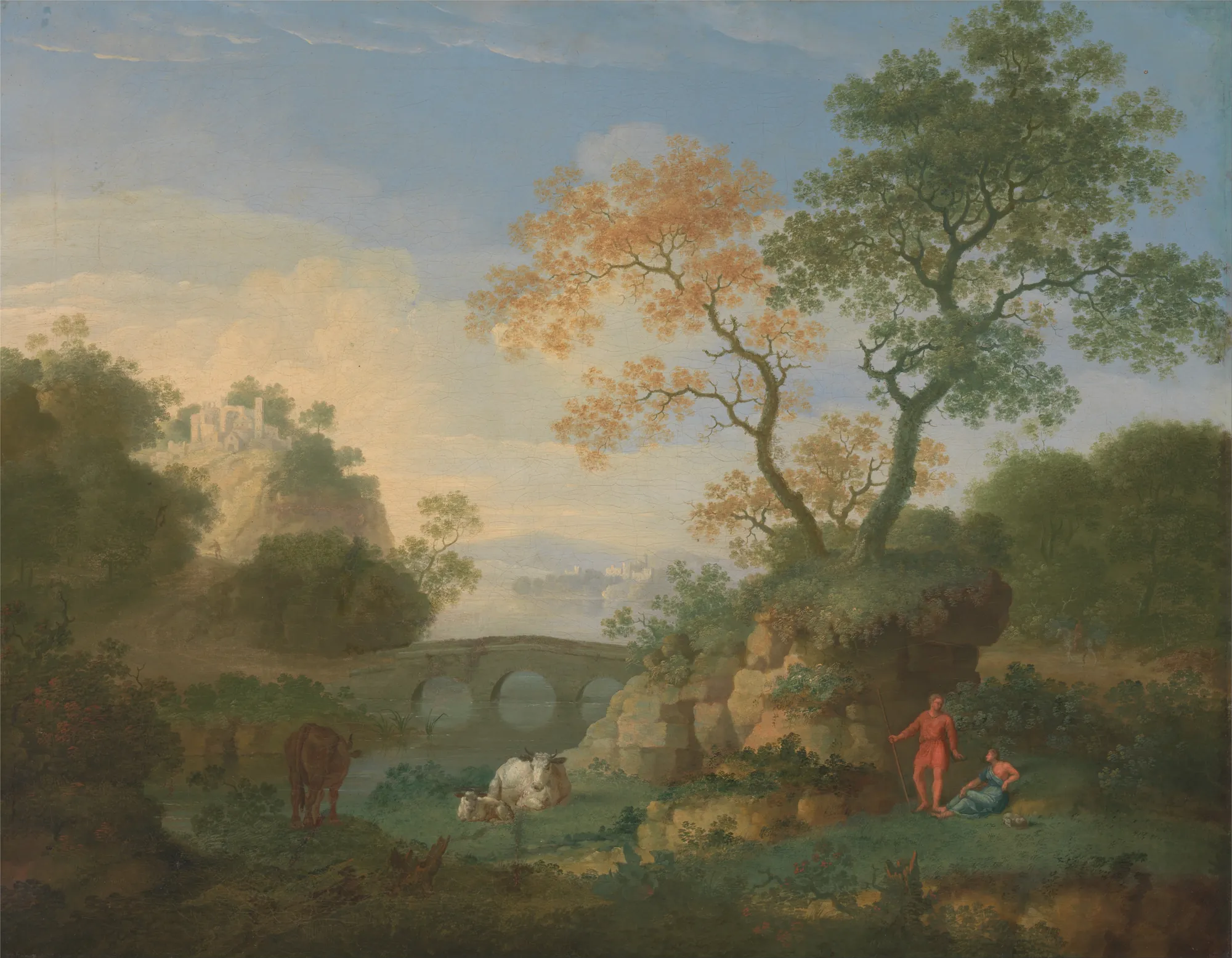 Landscape with Classical Ruins, a Bridge, and Cattle