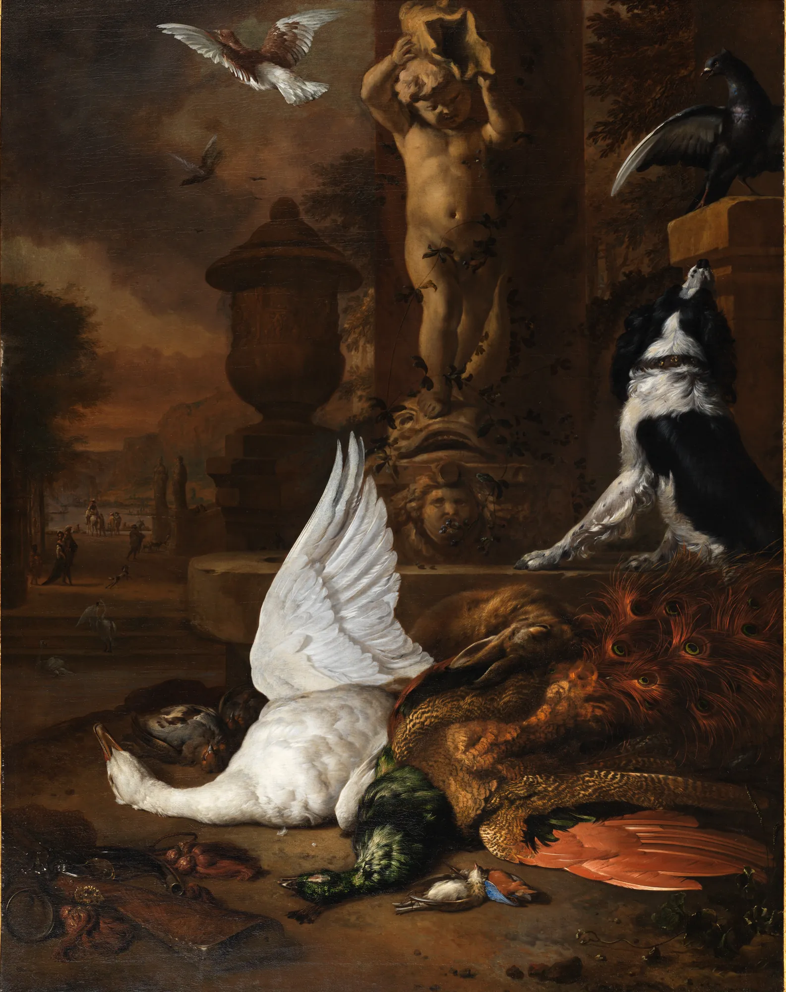 Still Life with a Dead Swan, a Peacock, and a Dog by a Garden Fountain