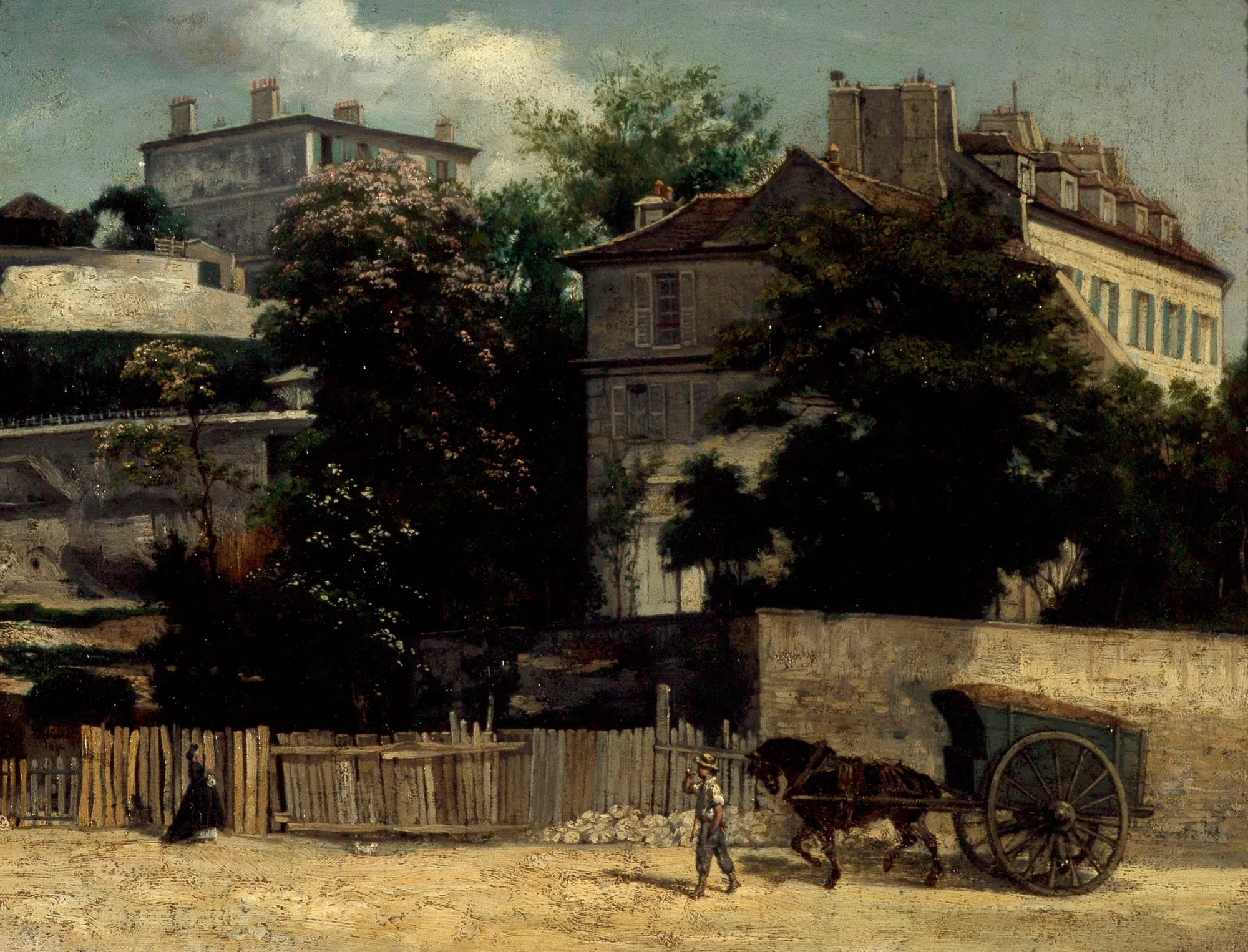 La Rue d'Orchamp à Montmartre La Rue d'Orchamp à Montmartre by Napoléon Joseph Bellardel. An oil painting depicting a dirt road in 19th-century Montmartre with stone houses, tall green trees, and a horse-drawn cart.