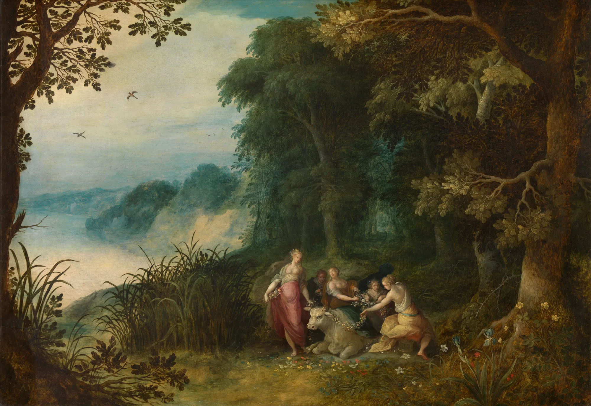 The Abduction of Europa The Abduction of Europa by Abraham Govaerts. A mythological scene set in a dense, atmospheric forest where several women adorn a white bull with flower garlands near a coastal inlet.