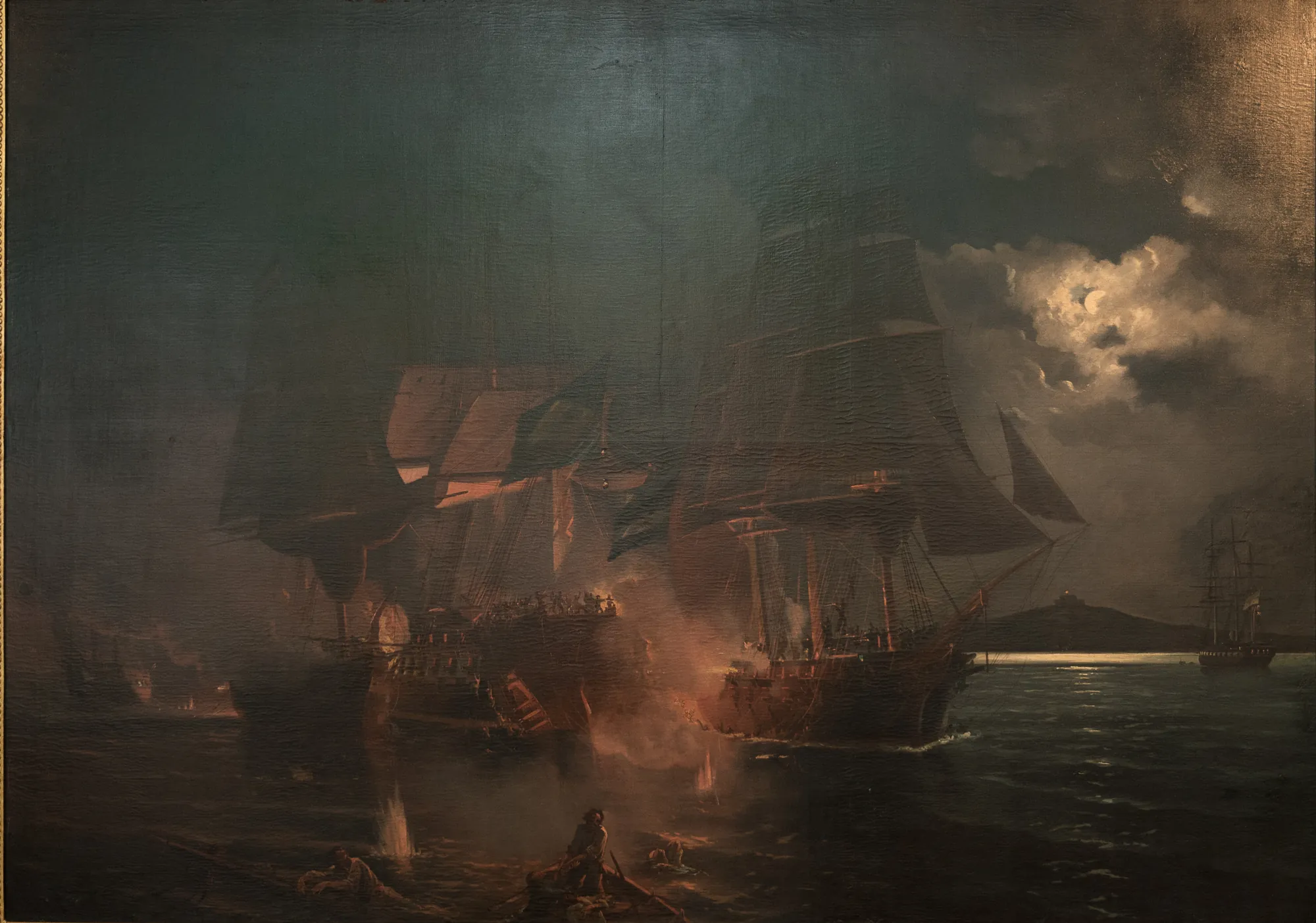Abordagem da Fragata Imperatriz Abordagem da Fragata Imperatriz by Eduardo de Martino. A nocturnal naval engagement showing sailing frigates in combat under a moonlit sky filled with clouds and smoke.