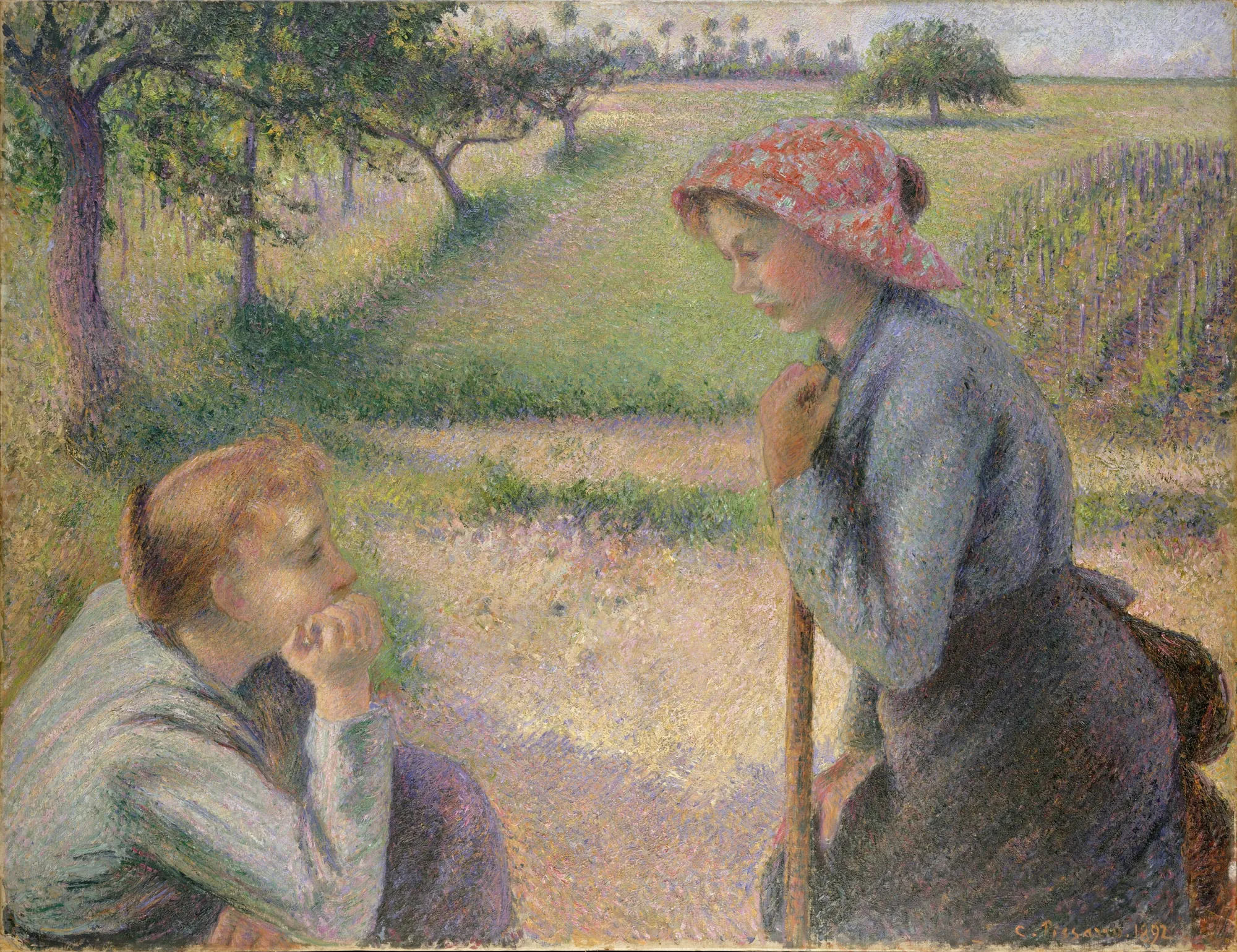 Two Young Peasant Women Two Young Peasant Women by Camille Pissarro. Two young women in rural clothing rest and converse in a sun-dappled orchard rendered with flickering pointillist brushstrokes.