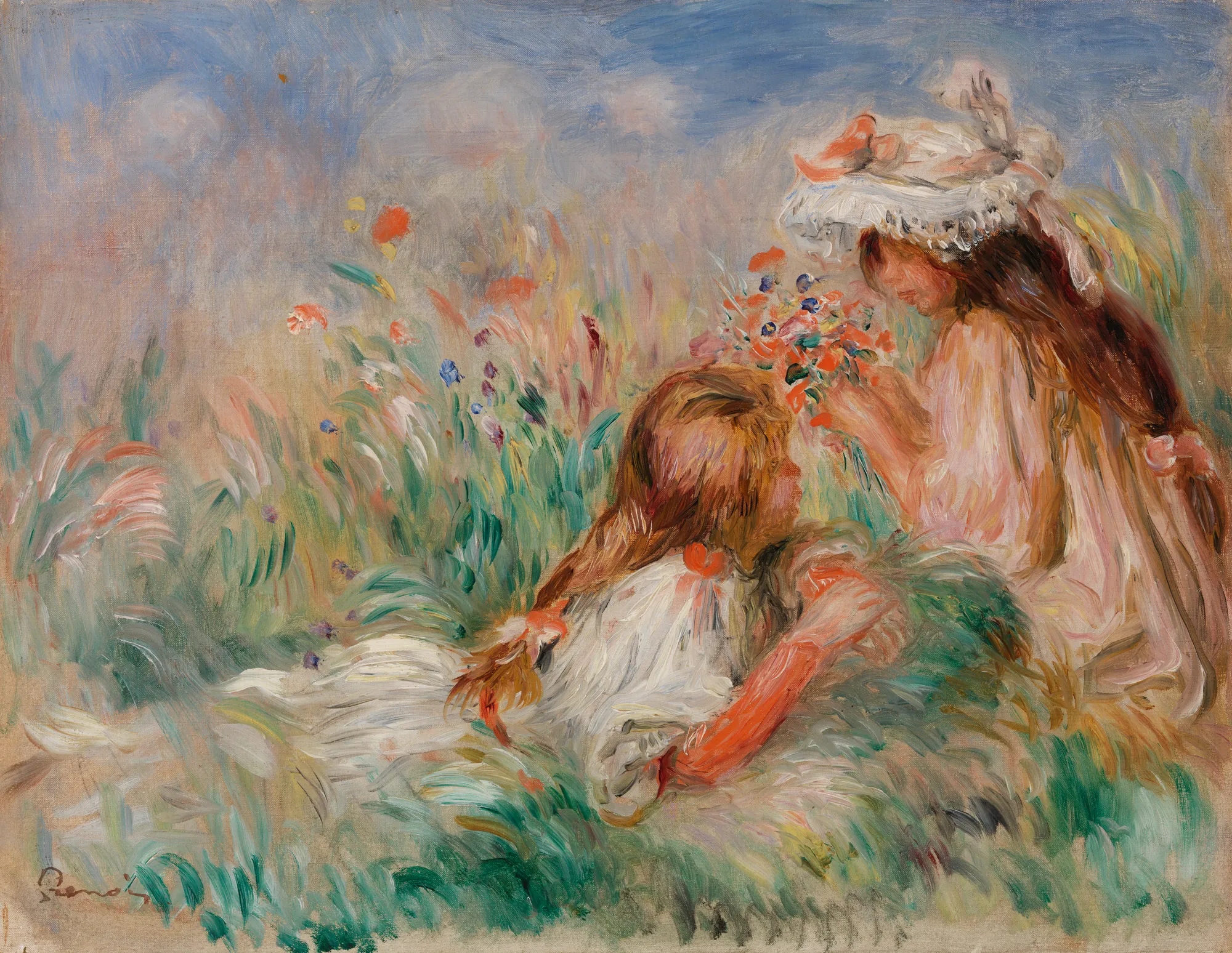 Girls in the Grass Arranging a Bouquet (Fillette couchée sur l'herbe et jeune fille arrangeant un bouquet)