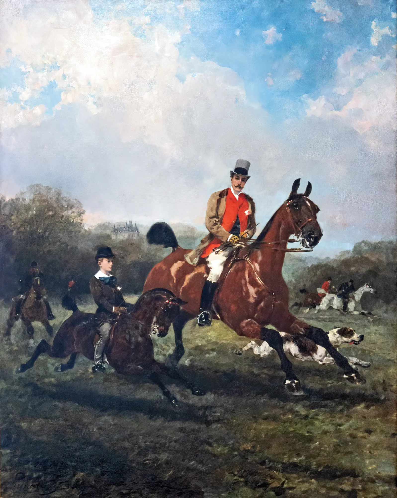 Le Comte Geoffroy de Ruillé Chassant à Courre Le Comte Geoffroy de Ruillé Chassant à Courre by René Pierre Charles Princeteau. A dynamic nineteenth-century oil painting depicting a nobleman and his young son on horseback during a hunt, accompanied by hounds in a rolling landscape.