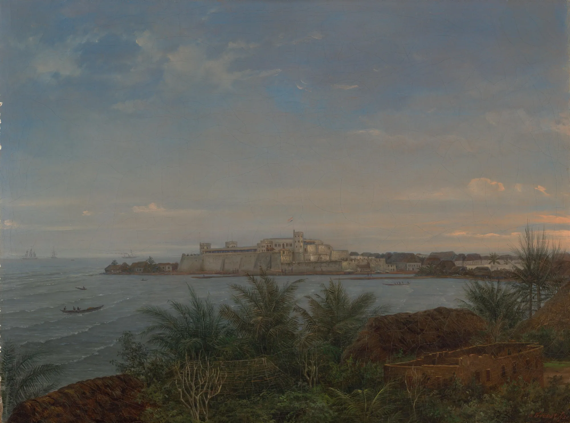View of Fort Elmina View of Fort Elmina by Willem Troost. An 1870 oil painting of Fort Elmina on the coast of Ghana, viewed from across the water with tropical foliage and local structures in the foreground.
