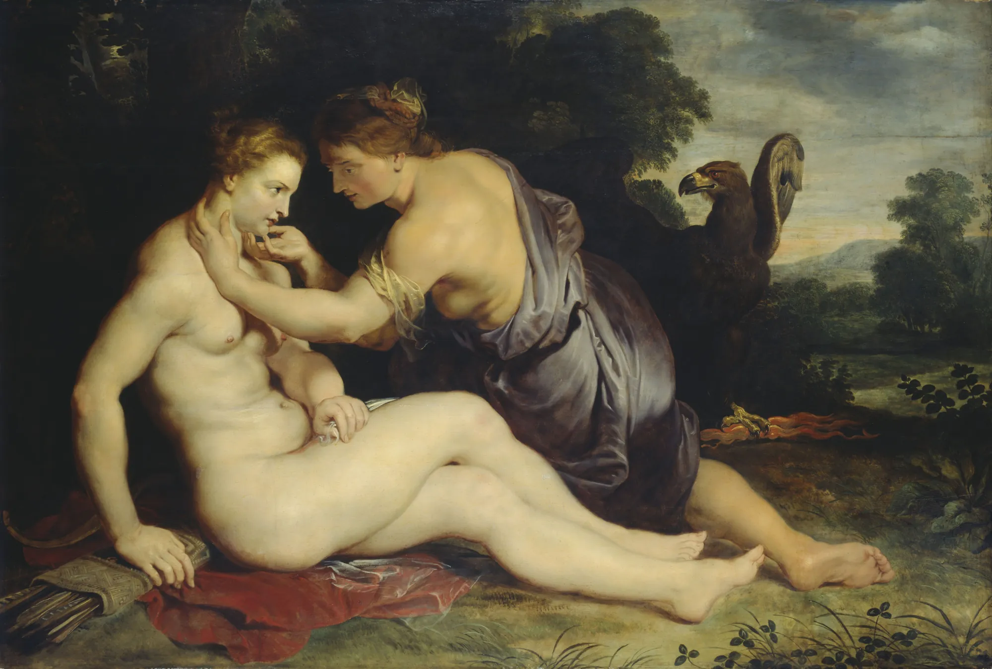 Jupiter and Callisto Jupiter and Callisto by Peter Paul Rubens. A mythological scene showing a seated nude woman being embraced by a clothed figure in a dark wooded landscape with an eagle looking on.