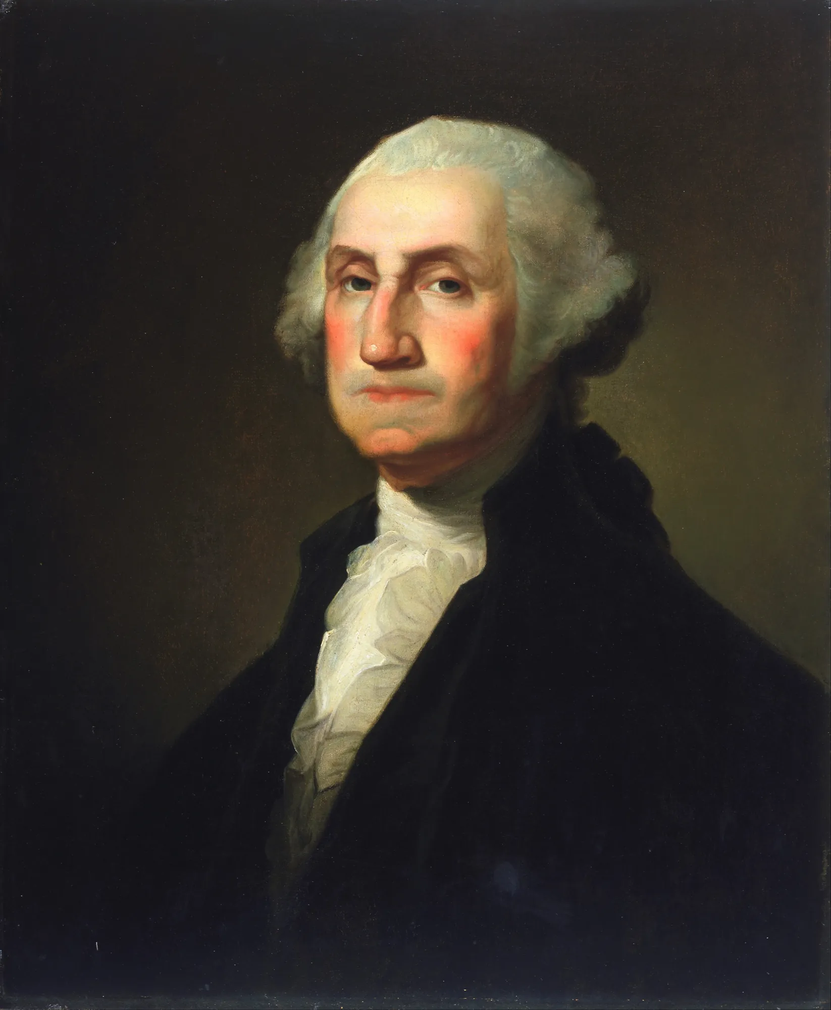 George Washington George Washington by Rembrandt Peale. A bust-length portrait of George Washington in a black coat and white cravat against a dark, atmospheric background.