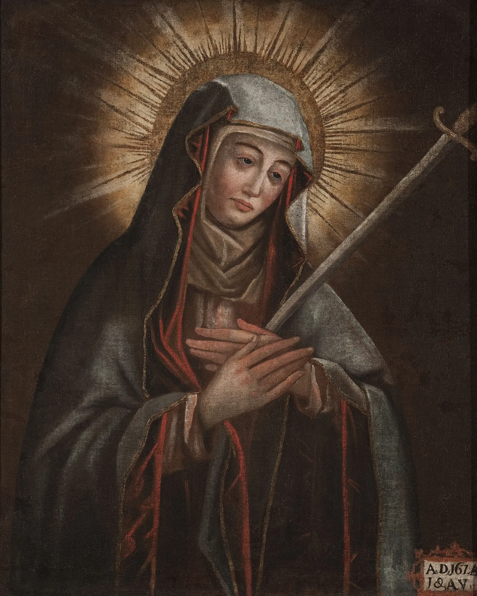 Our Lady of Sorrows Our Lady of Sorrows by Unknown Artist. A seventeenth-century religious painting of the Virgin Mary, depicted with a sword piercing her chest and a radiant golden halo.