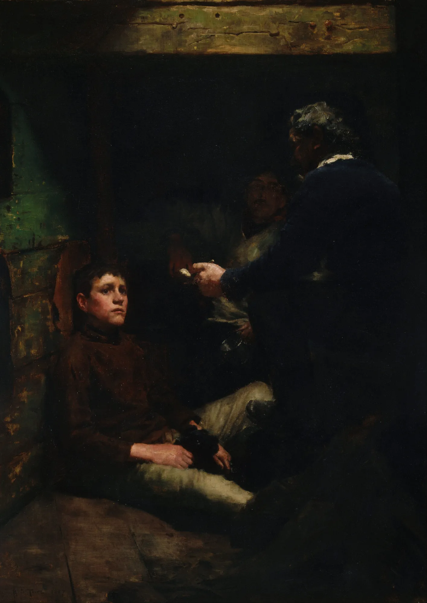A Sailor's Yarn A Sailor's Yarn by Henry Scott Tuke. An older sailor in a dark interior gestures expressively while telling a story to a young boy seated on the floor.
