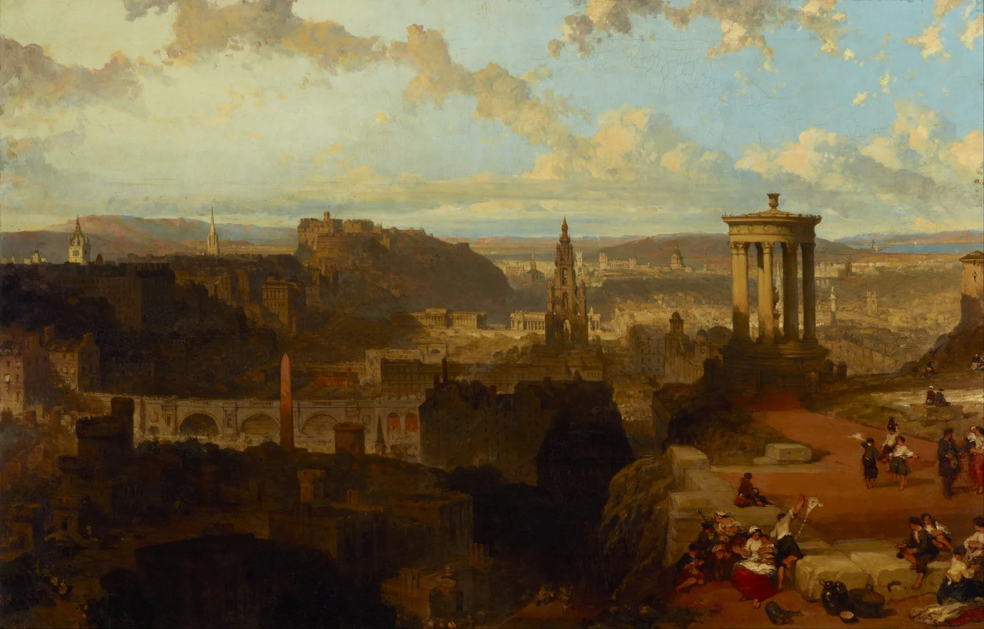 Edinburgh from Calton Hill Edinburgh from Calton Hill by David Roberts. An expansive 19th-century landscape painting showing the skyline of Edinburgh from Calton Hill, featuring the Dugald Stewart Monument in the foreground and Edinburgh Castle in the distance.