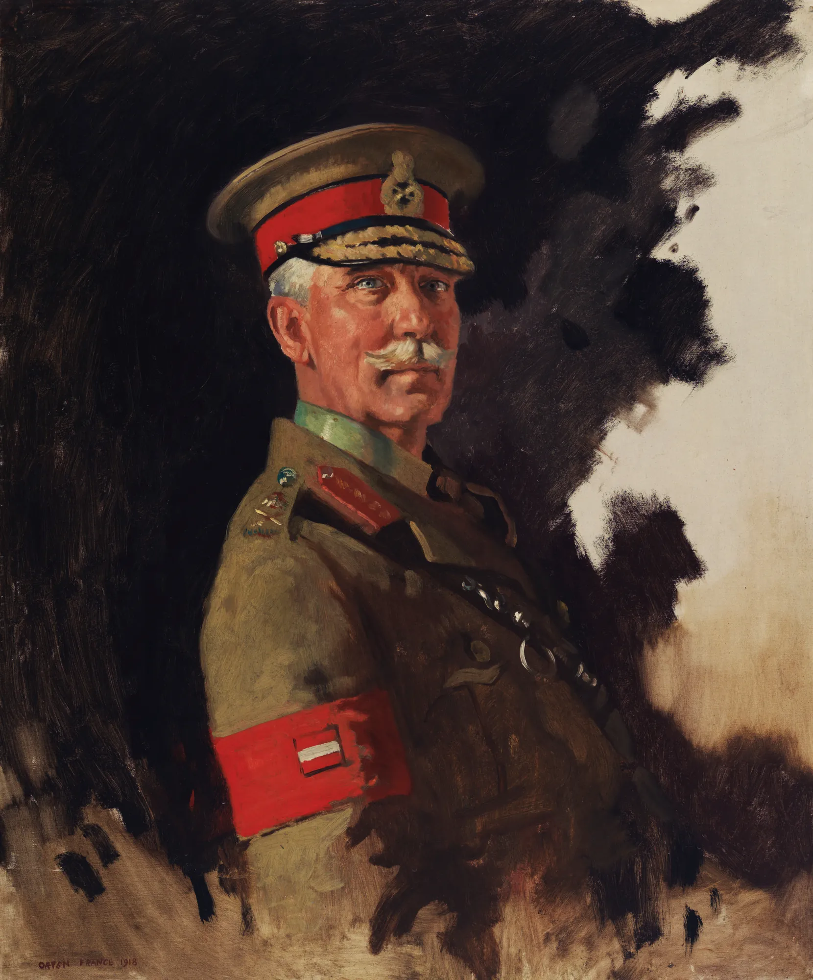 Lieutenant-General Archibald Cameron Macdonell Lieutenant-General Archibald Cameron Macdonell by William Orpen. A half-length portrait of a military officer in khaki uniform with a peaked cap and white mustache, set against a dark, textured background.