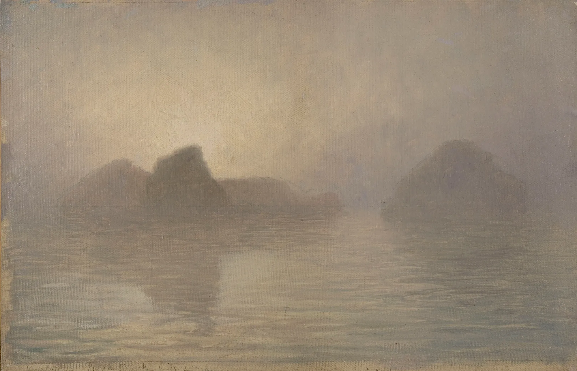 Insulae Syrenum (Study) Insulae Syrenum (Study) by Henry Brokmann. A soft, impressionistic seascape depicting several rocky islands emerging from a thick, golden-grey mist.