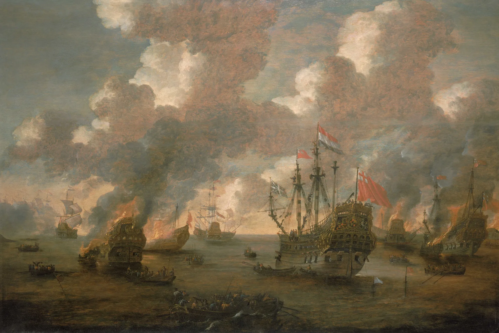 Dutch Attack on the Medway, June 1667 Dutch Attack on the Medway, June 1667 by Peter van de Velde. A dramatic naval battle scene showing several large warships, some engulfed in flames and billowing smoke, under a sky filled with heavy clouds.