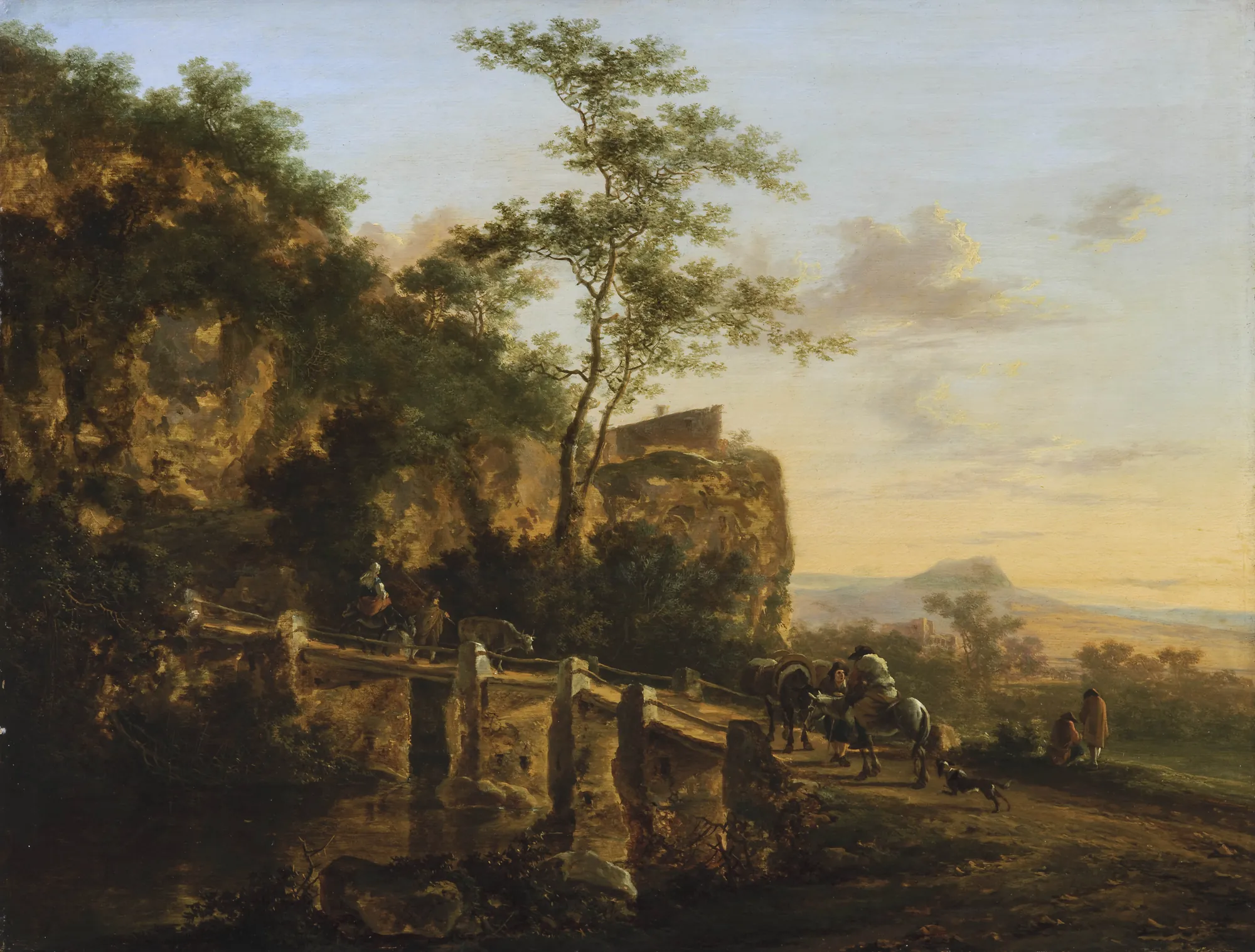 Mountain Landscape with a Bridge Mountain Landscape with a Bridge by Jan Both. A warm, golden-hued landscape featuring travelers with pack animals crossing a stone bridge beneath towering rocky cliffs.