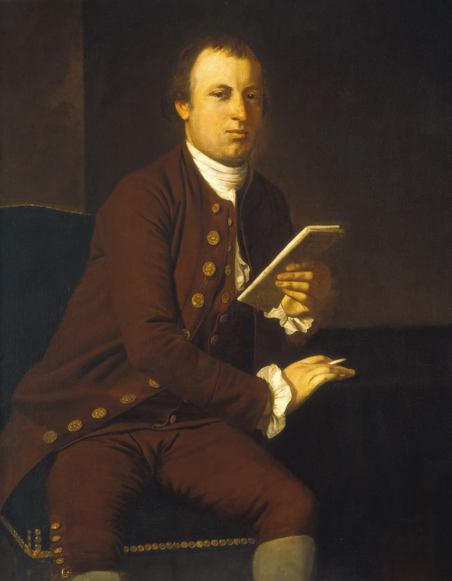 Adam Babcock Adam Babcock by John Singleton Copley. A formal portrait of a man in an 18th-century brown coat holding a small book and a quill.