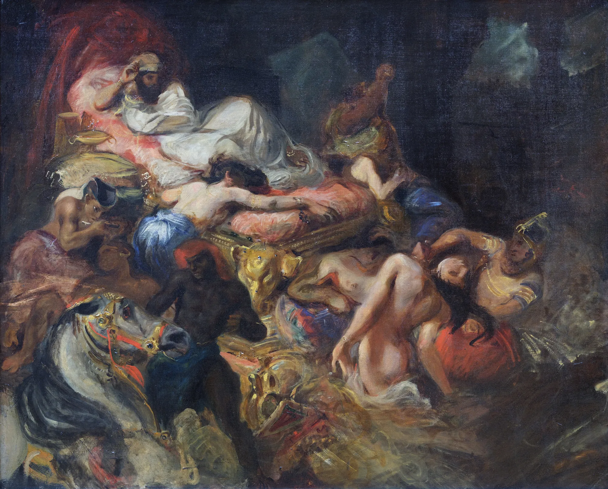 The Death of Sardanapalus (Sketch) The Death of Sardanapalus (Sketch) by Eugène Delacroix. A dynamic oil sketch depicting a chaotic scene of figures and animals surrounding a reclining king on a large red bed.