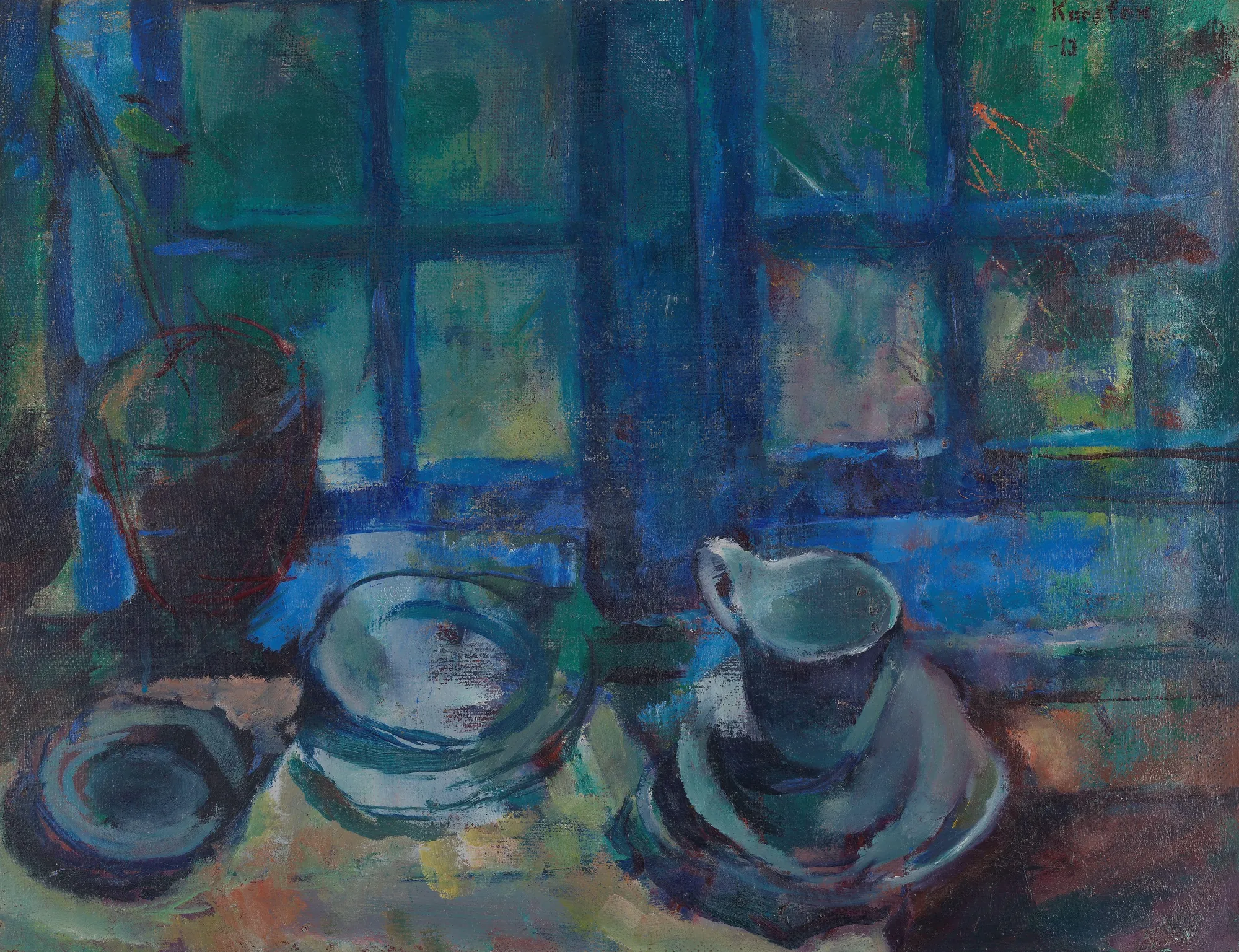 The Blue Kitchen The Blue Kitchen by Ludvig Karsten. An expressive still life featuring ceramic dishes and a potted plant set against a multi-paned window bathed in deep blue light.