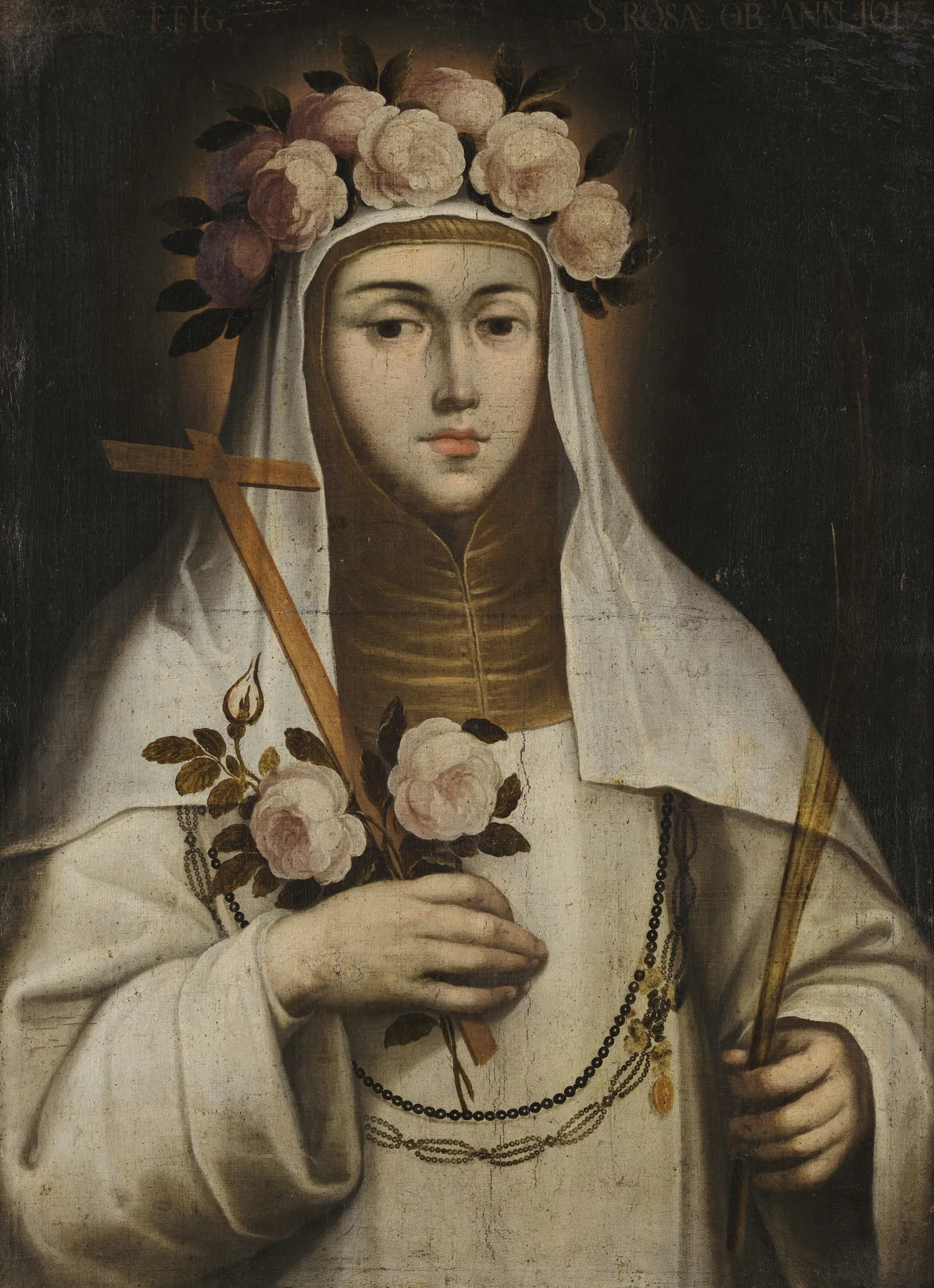 Saint Rose of Lima Saint Rose of Lima by Gregorio Vasquez de Arce y Ceballos. A formal portrait of Saint Rose of Lima in a white Dominican habit, wearing a crown of roses and holding a wooden cross and palm branch.