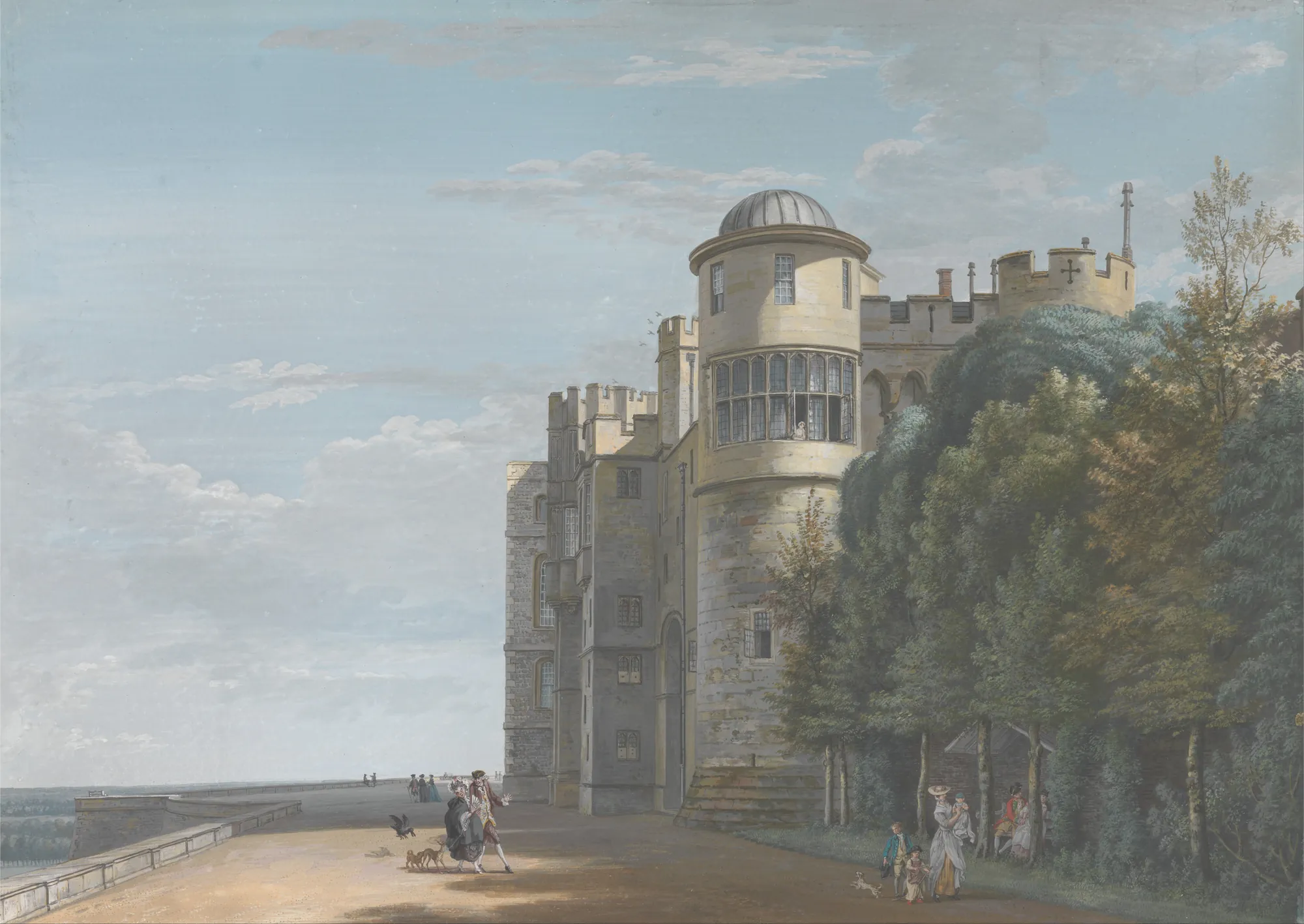 The North Terrace, Looking East The North Terrace, Looking East by Paul Sandby. A detailed 18th-century topographical view of a castle terrace with figures walking beside a large domed tower and dense trees.