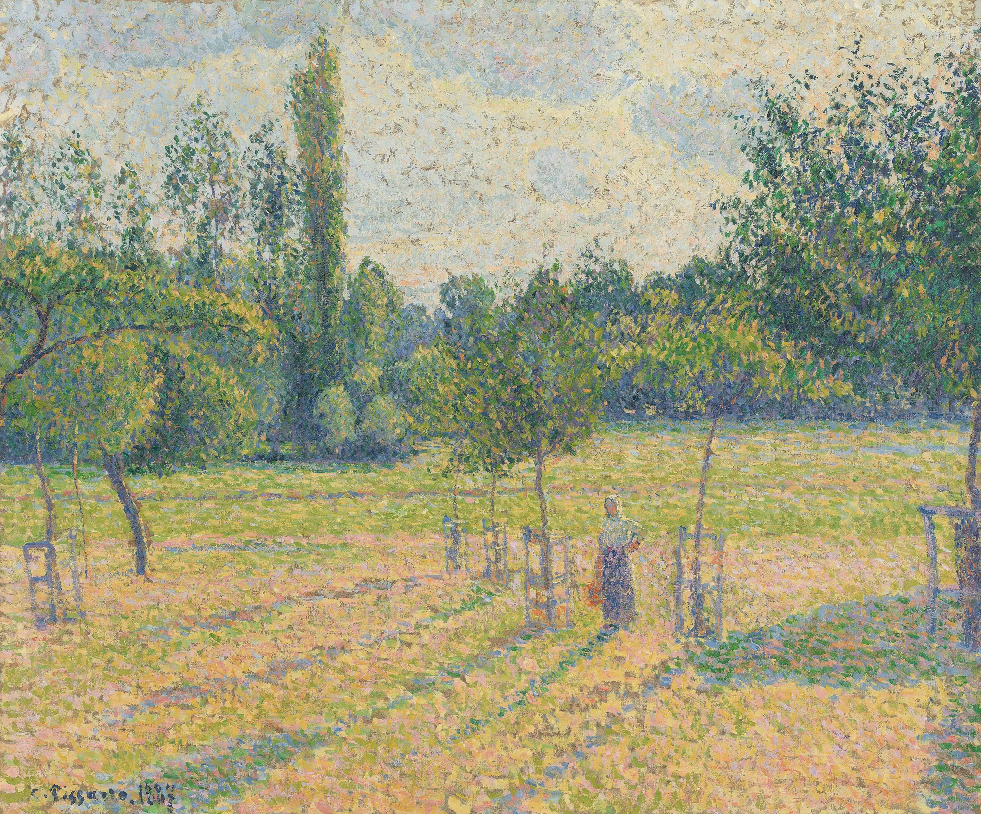 Late Afternoon in our Meadow Late Afternoon in our Meadow by Camille Pissarro. A luminous meadow scene with rows of young trees and a solitary figure, rendered in a shimmering pointillist style.
