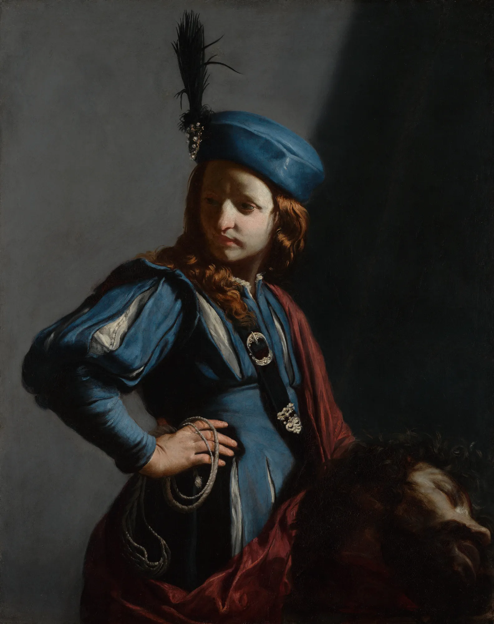 David with the Head of Goliath David with the Head of Goliath by Guido Cagnacci. A stylishly dressed young man looks away while standing over the severed head of a giant in a dark setting.