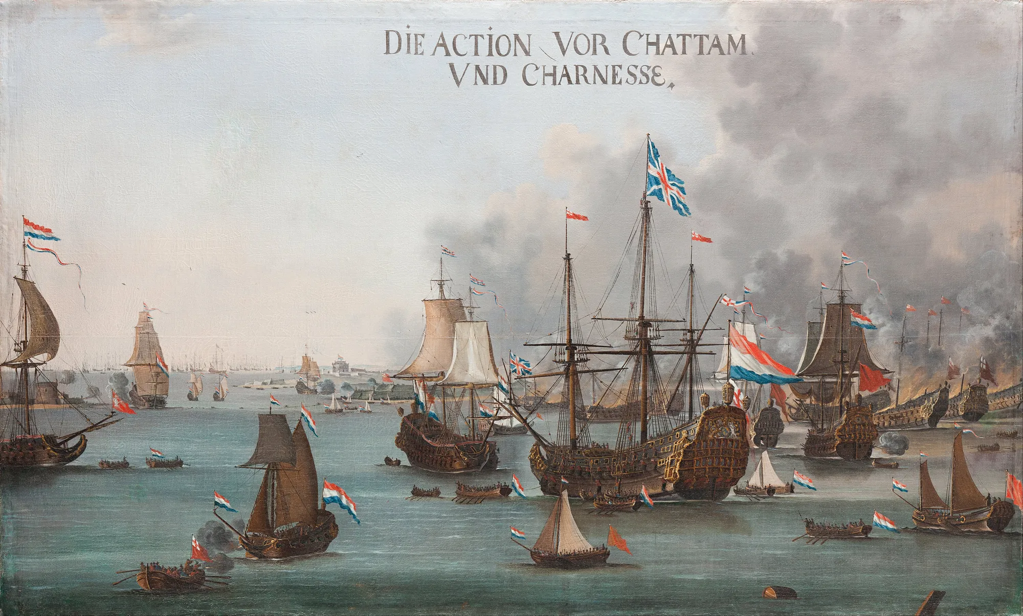 The Battle of Chatham The Battle of Chatham by Willem van der Stoop. A 17th-century maritime painting depicting a naval battle with numerous sailing ships flying various flags amidst clouds of smoke on a choppy sea.
